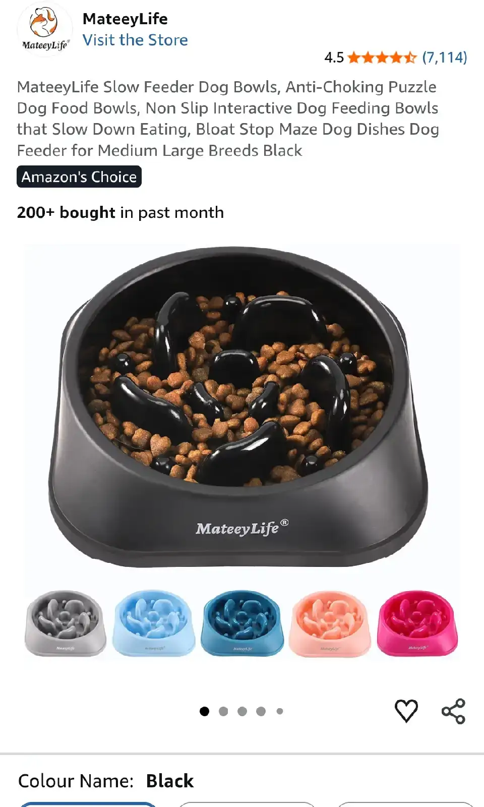 MateeyLife Slow Feeder Dog Bowl Medium Black