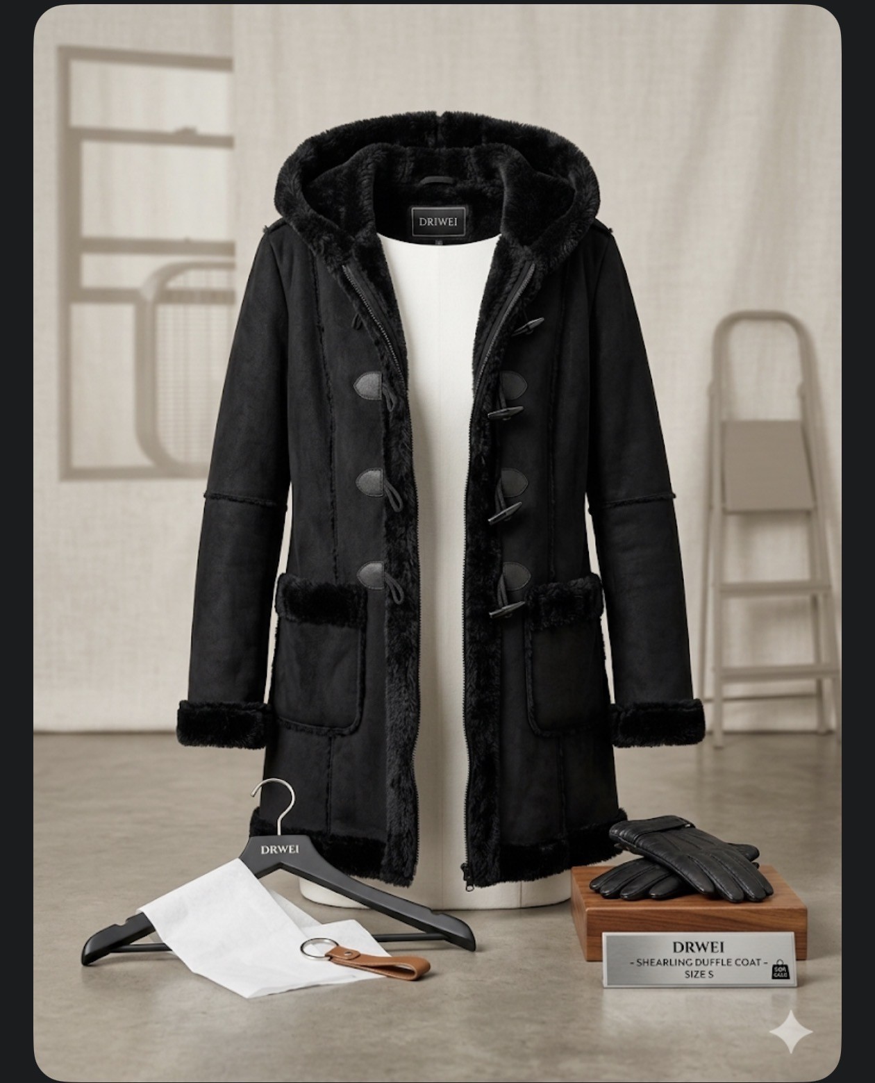 Abrigo negro tipo shearling con capucha estilo elegante