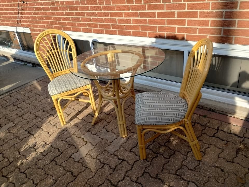 80's Retro 3-Piece Boca Rattan Wicker Table w/ 36" Glass Top