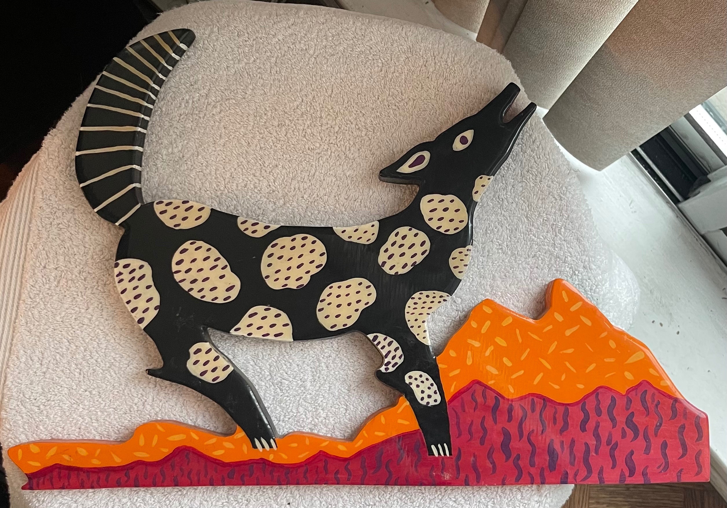 Large (19") Signed 1990 Wood Folk Art — "Wolf & Moon"
