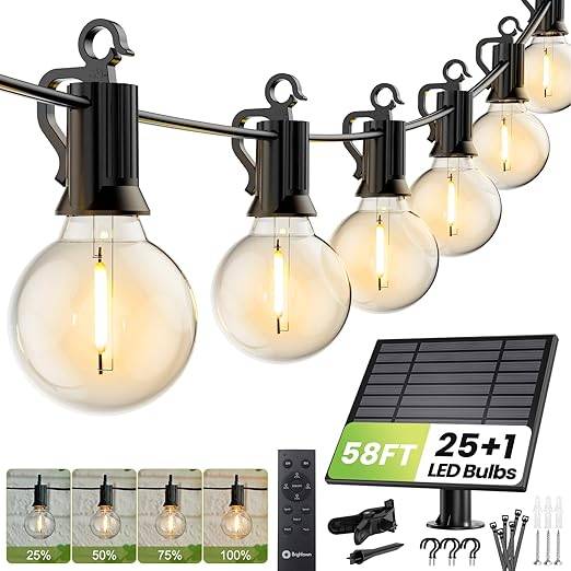 Brightown 58ft 25+1 LED G40 String Lights with Solar Panel