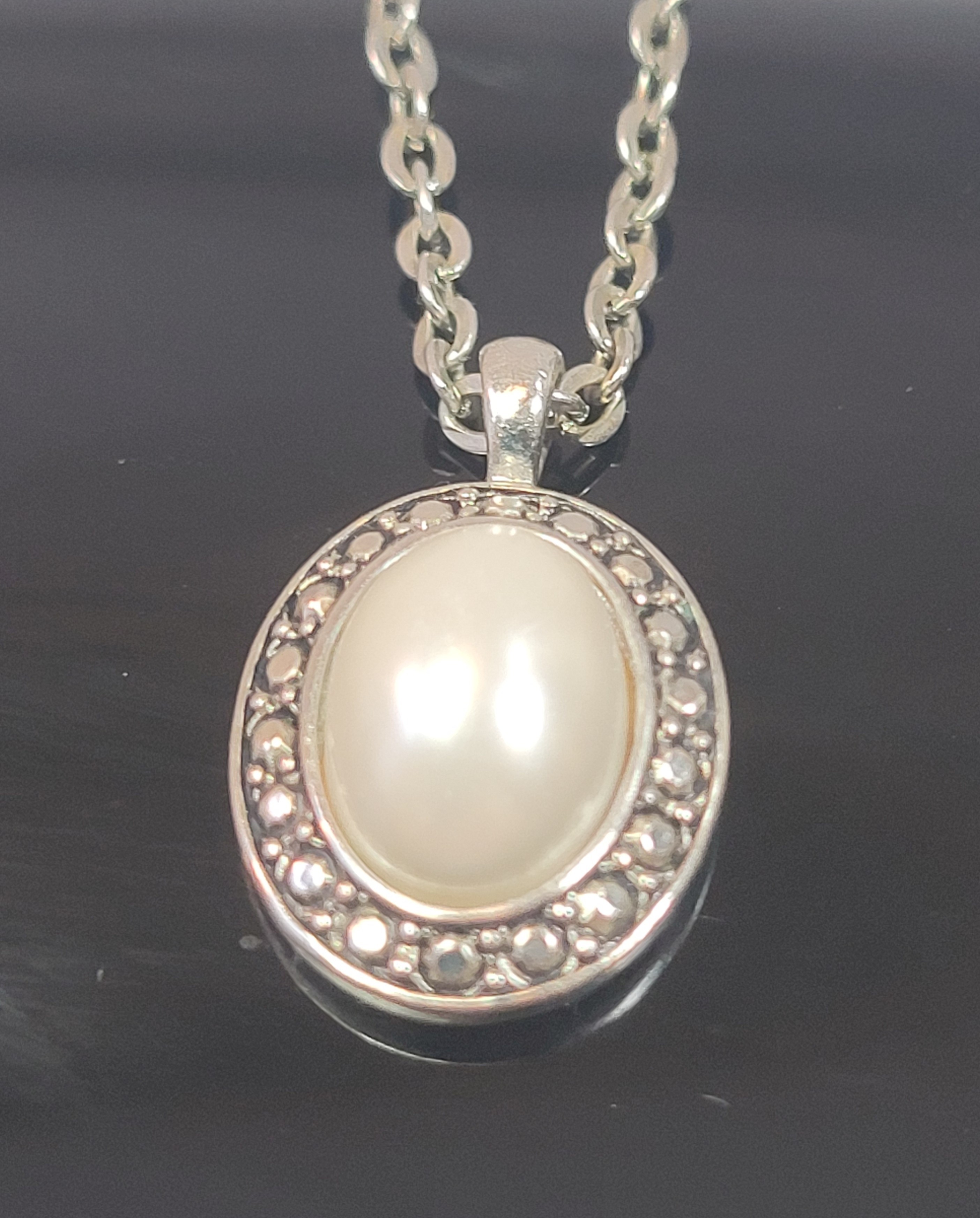1990s Faux Pearl Pendant Necklace, Silver Tone Ornate 18 Inch - photo 2