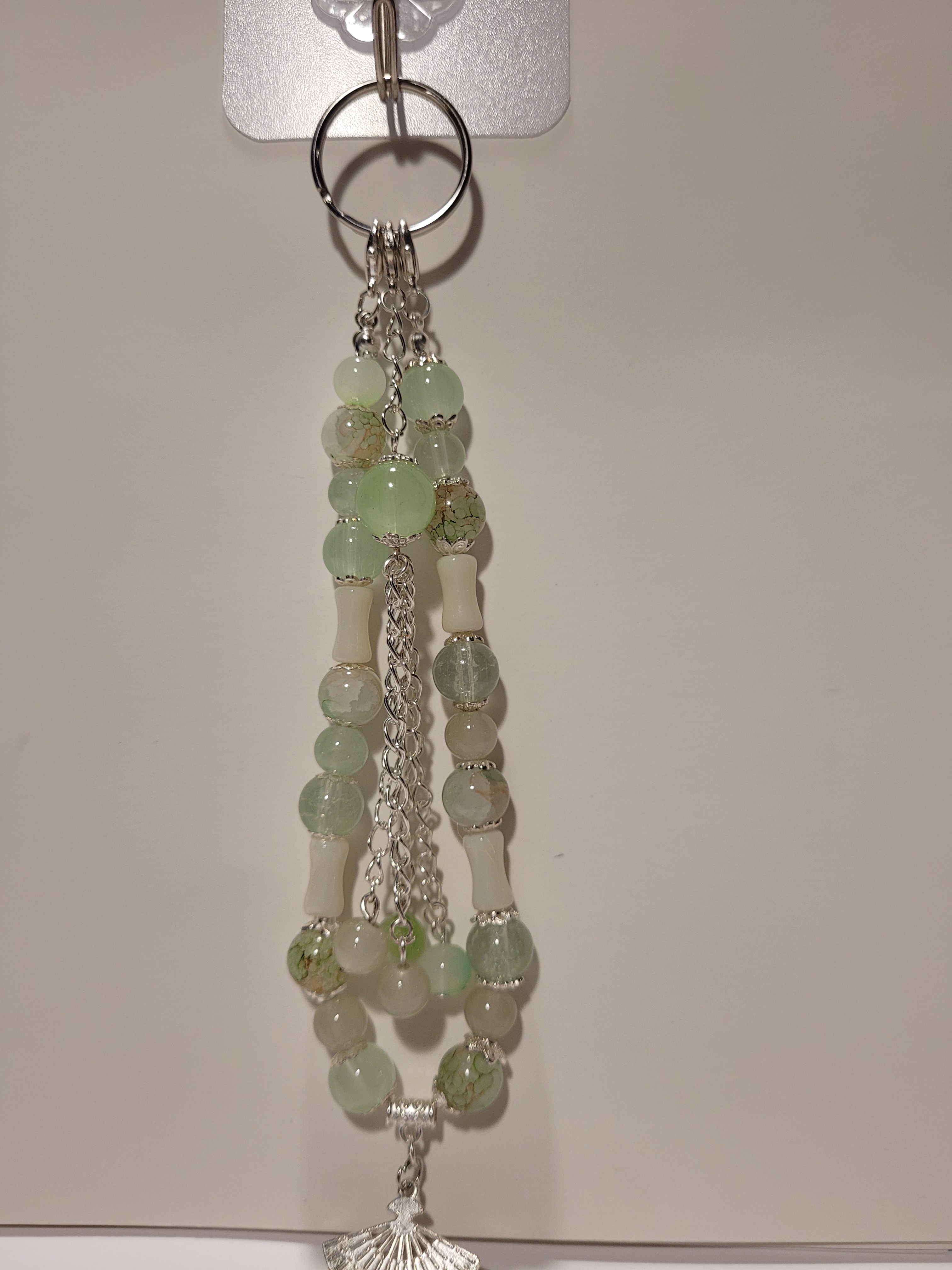 Handmade Beaded Keychain - Green & Silver
