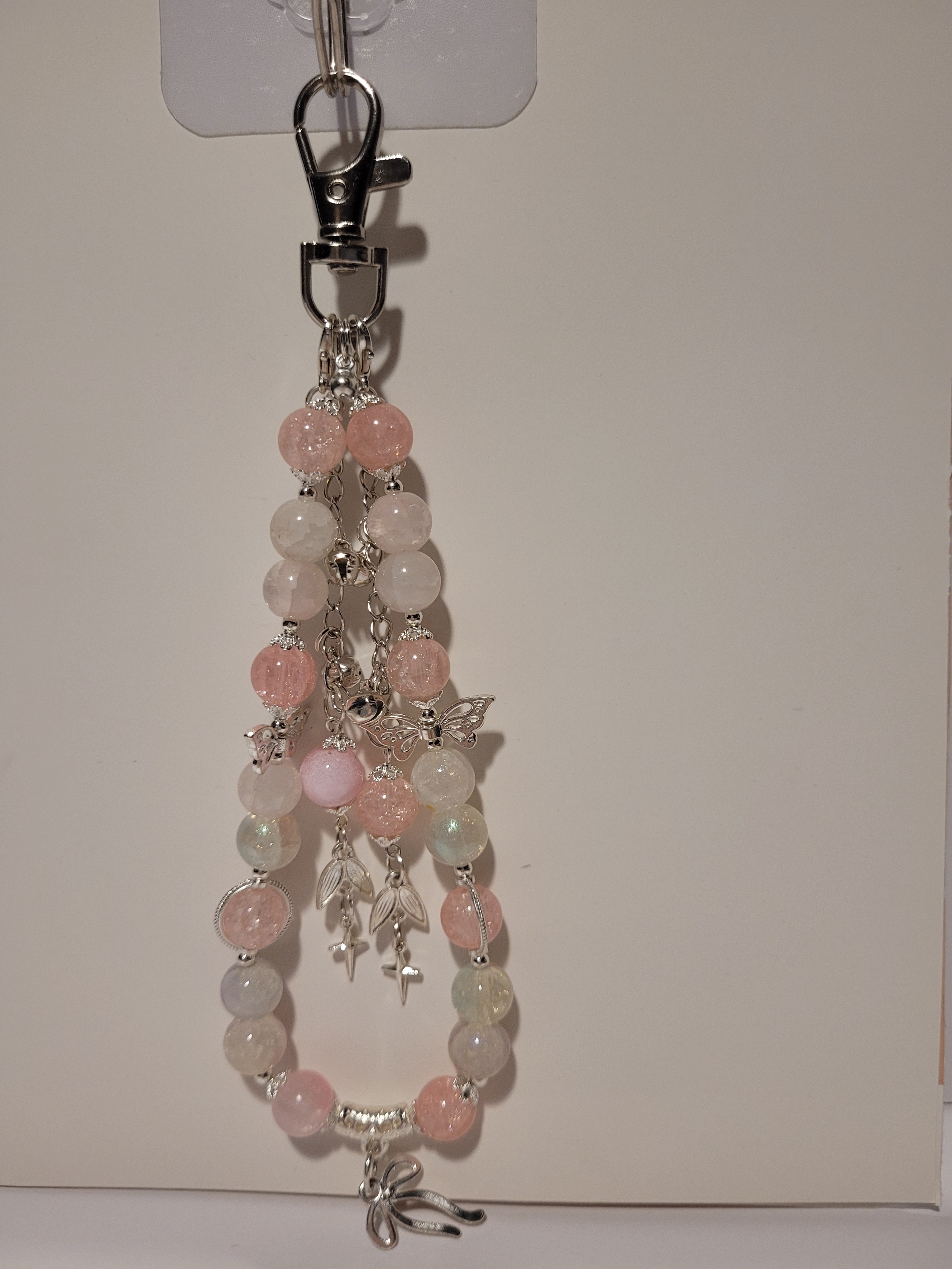 Handmade Beaded Keychain - Pink & Silver