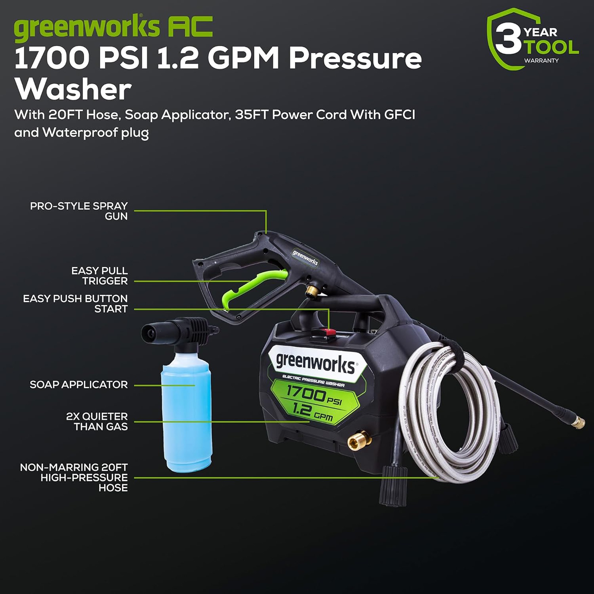 Greenworks 1700 PSI Electric Pressure Washer - photo 3