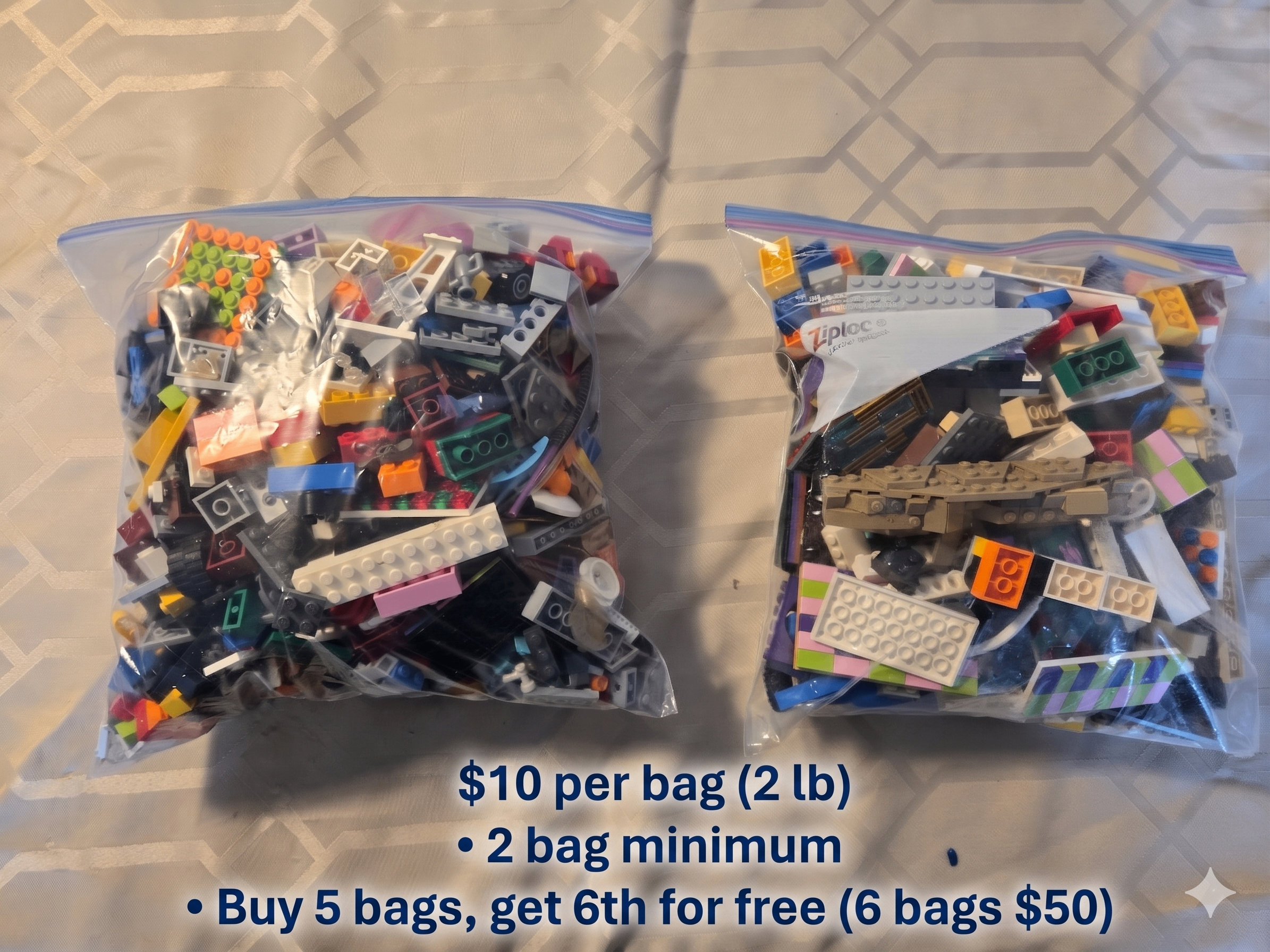 2 lb. BAGS BULK LEGO $10 EACH, BUY 5 GET 1 FREE, UNSORTED