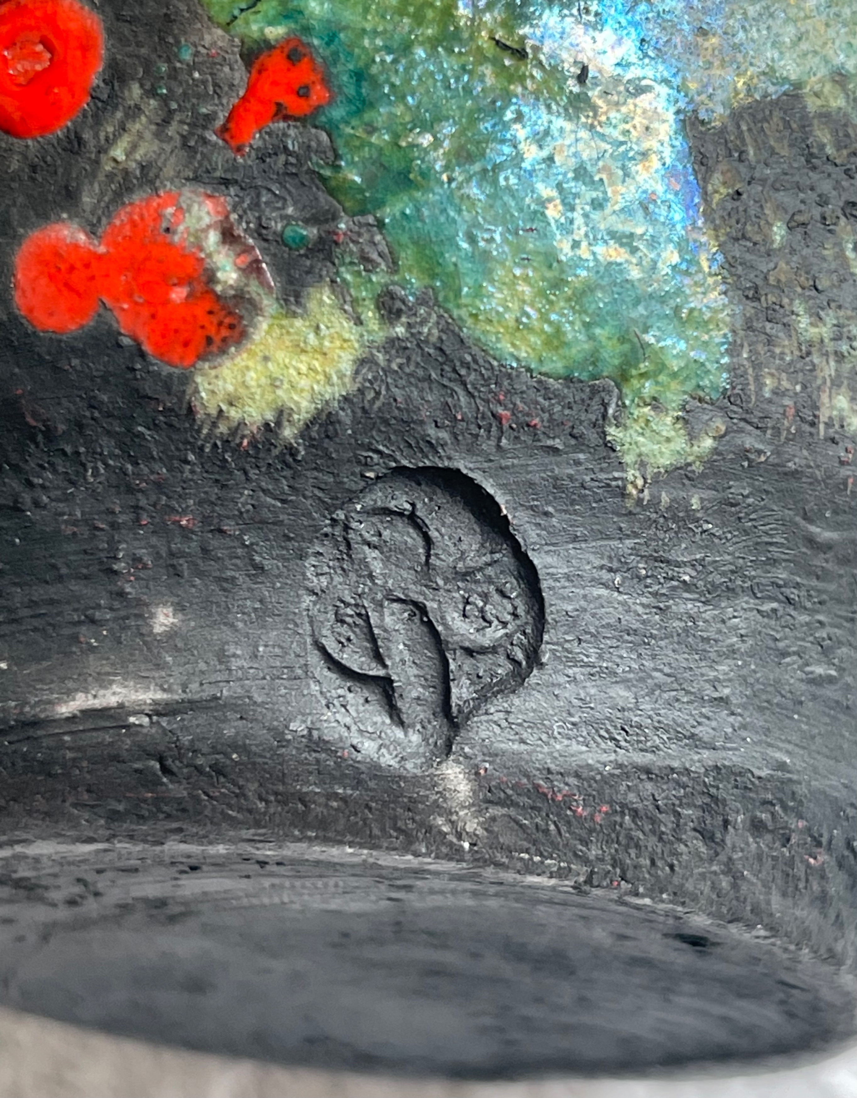 Signed Japanese Matte Vase — Charcoal, Green, Ivory  & Red - photo 4