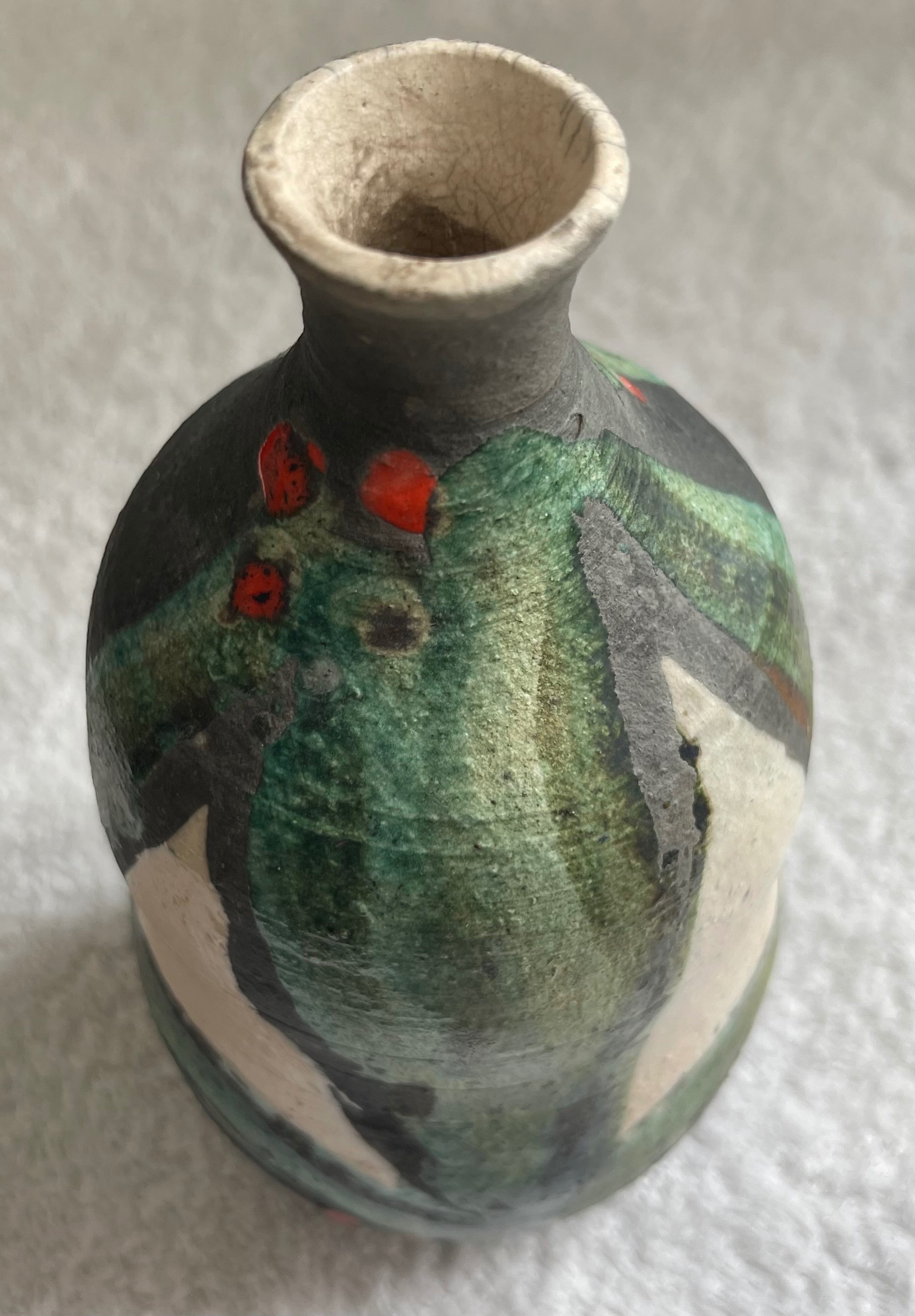Signed Japanese Matte Vase — Charcoal, Green, Ivory  & Red - photo 2