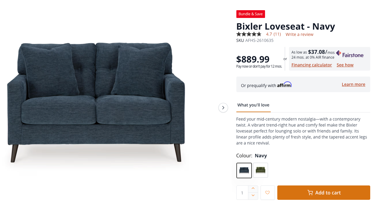 Ashley Furniture Bixler Loveseat (Navy)