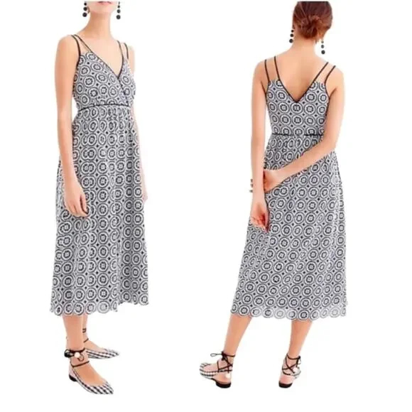 J.Crew Navy White Eyelet Midi Dress Size Small Double Strap