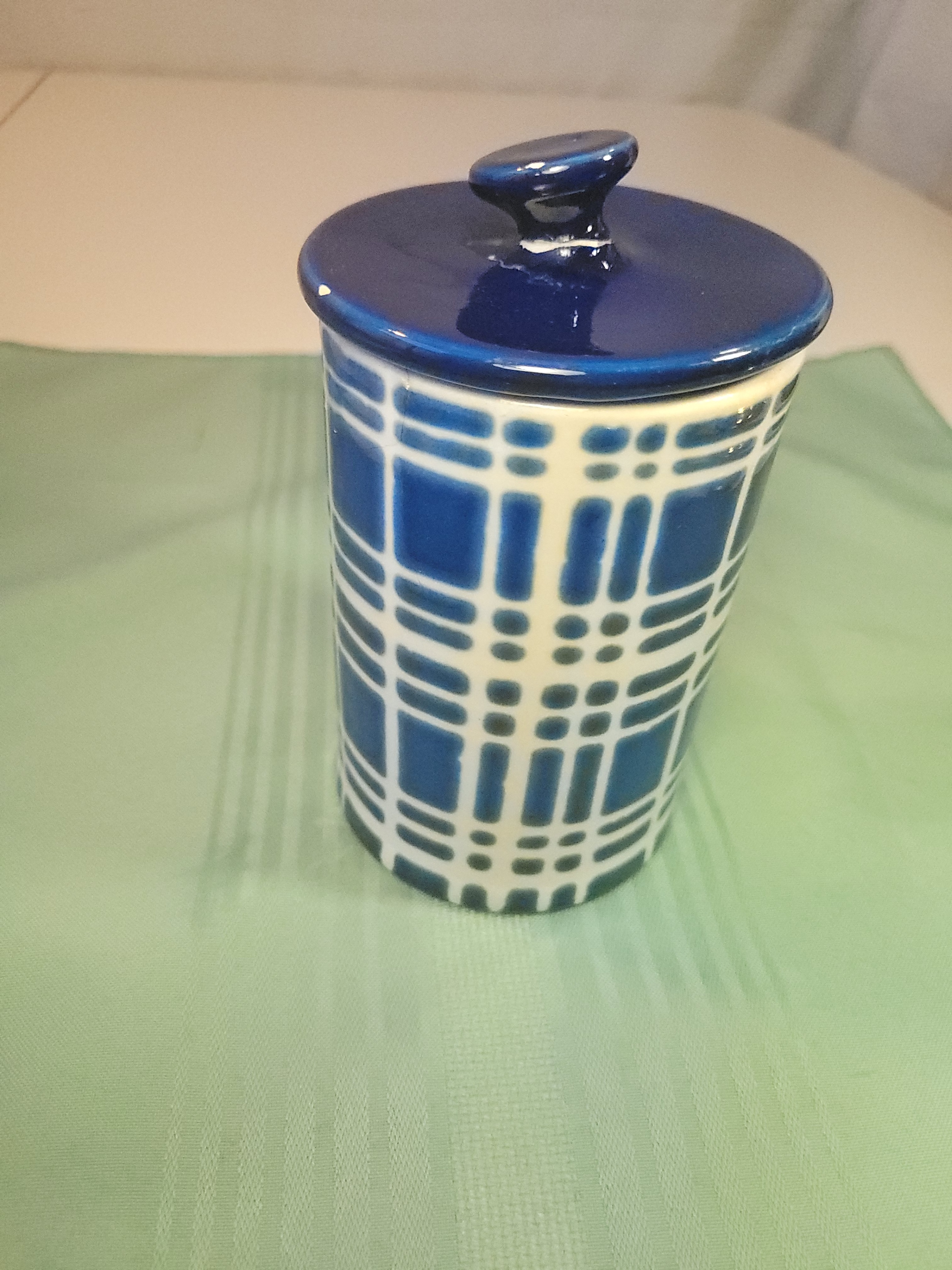 Circa 1978 H.M. Coby Italy Blue Plaid Hand-Painted Ceramic