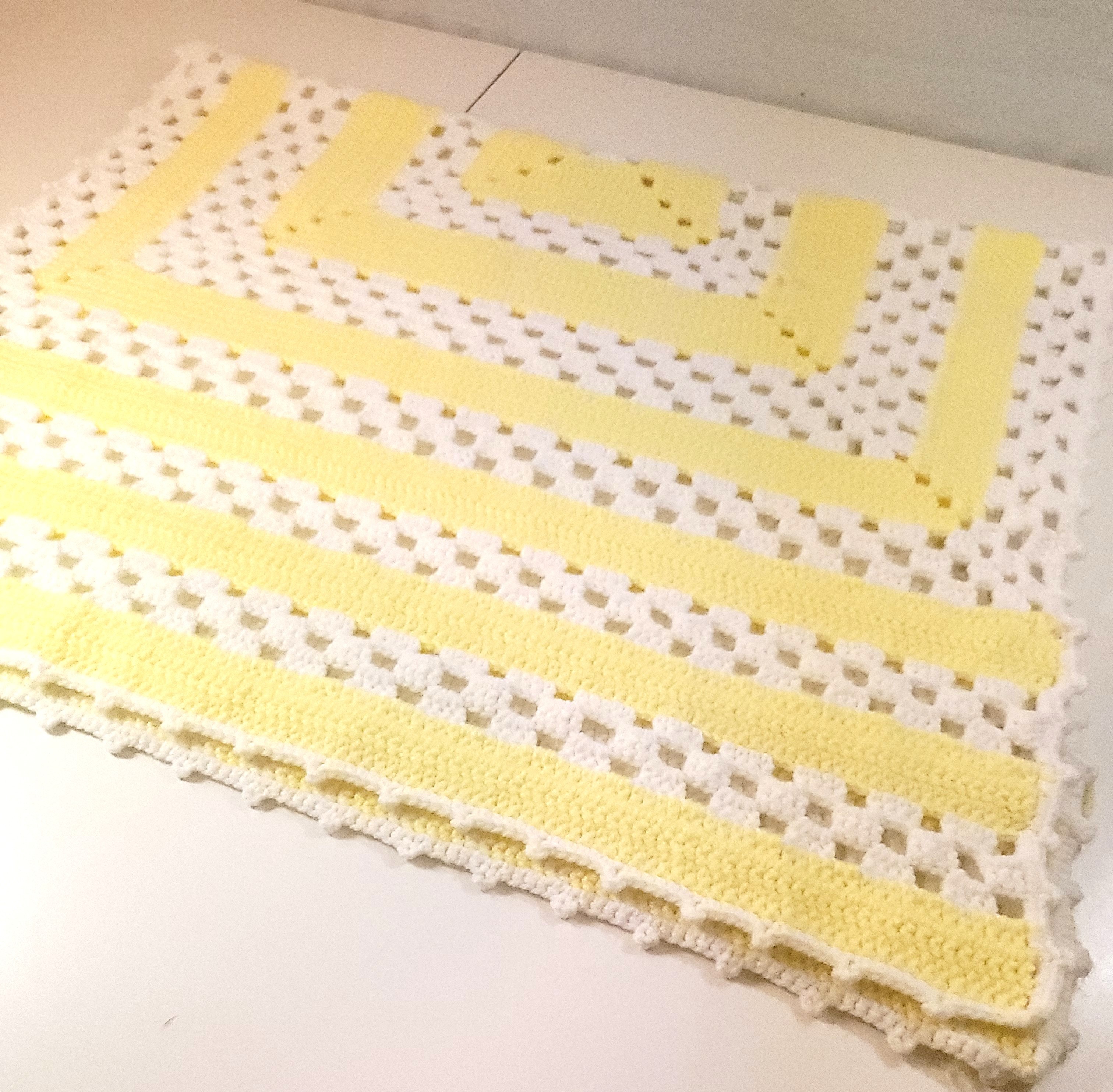 Handmade Crochet Baby Blanket Yellow White Granny Stripe Scallop