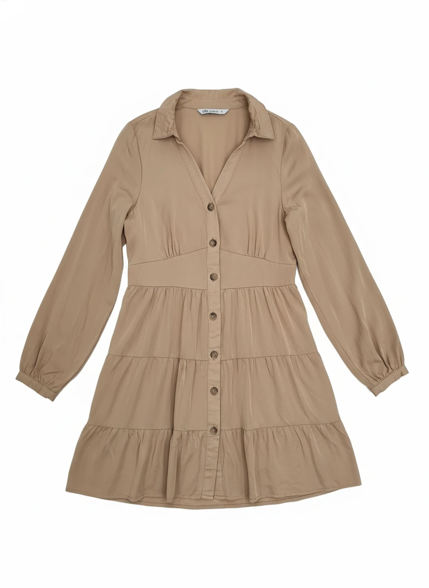 LCW Casual Tan Tiered Button-Down Dress - Size M - photo 2