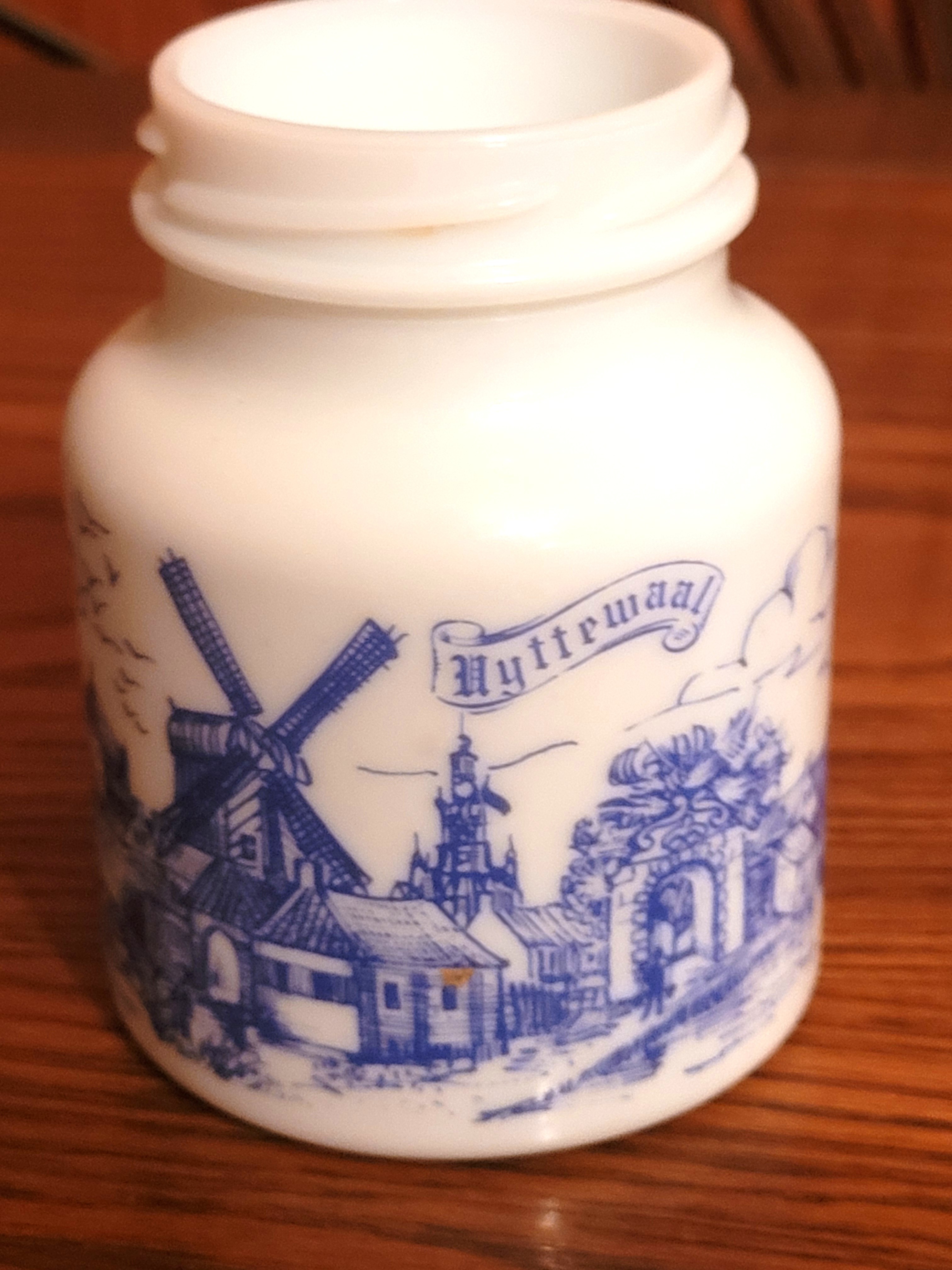 Uyttewaal Holland Milk Glass Mustard Jar Blue Delft Windmill - photo 4