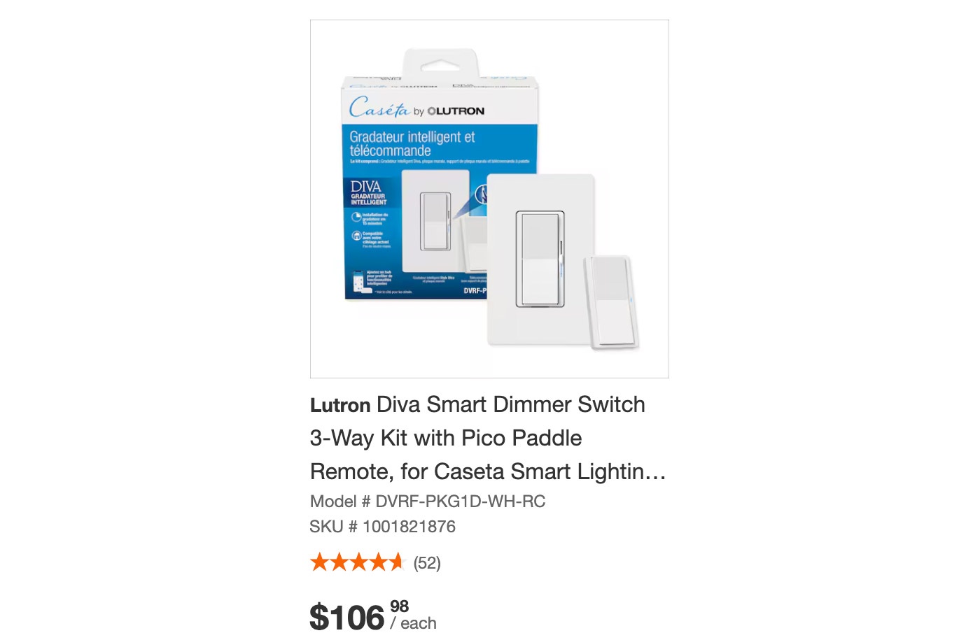 Lutron Caseta Diva smart dimmer kit, DVRF-PKG1D-WH-RC - photo 3
