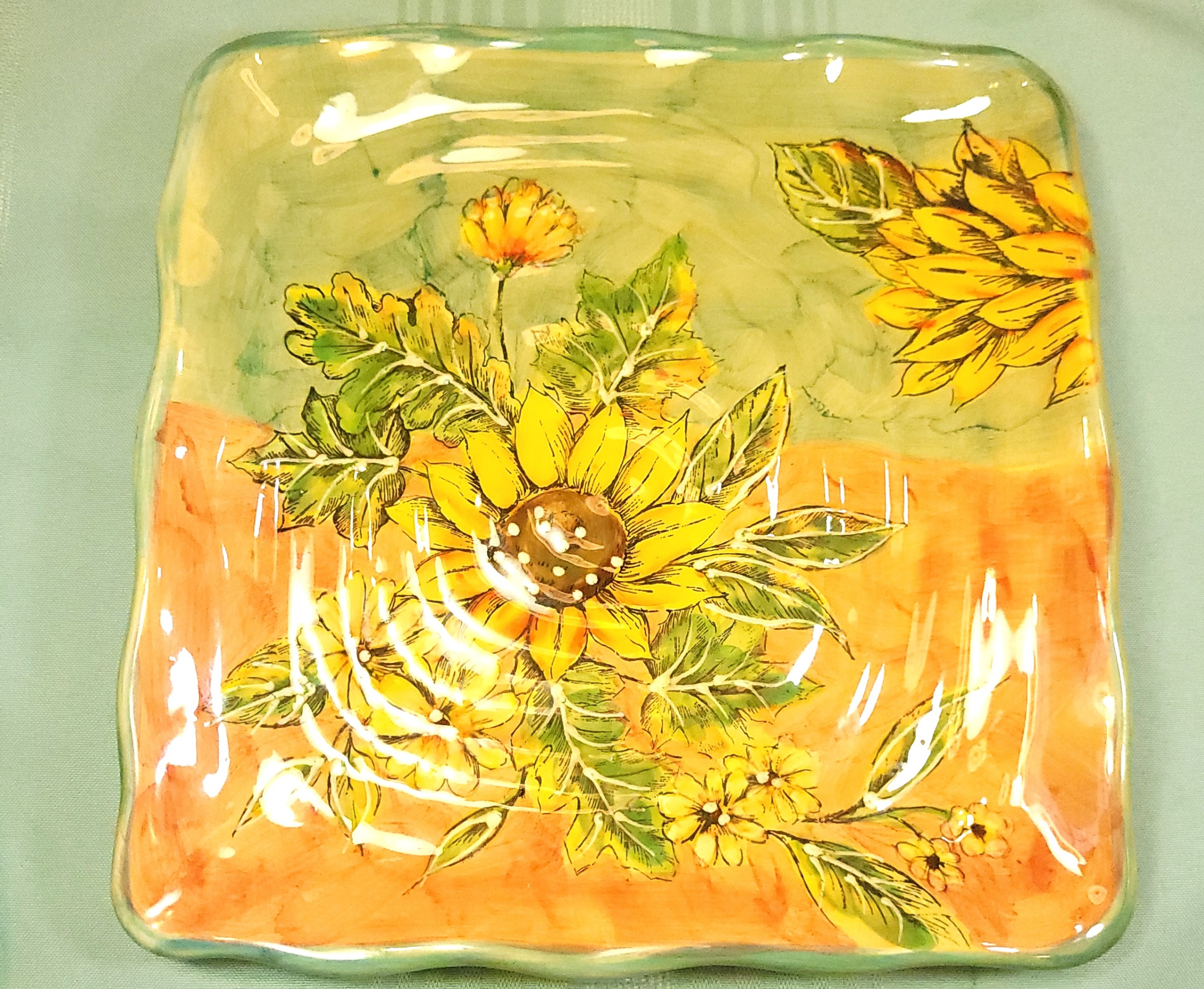 Hand Painted Sunflower Ceramic Square Plate, Circa 2001