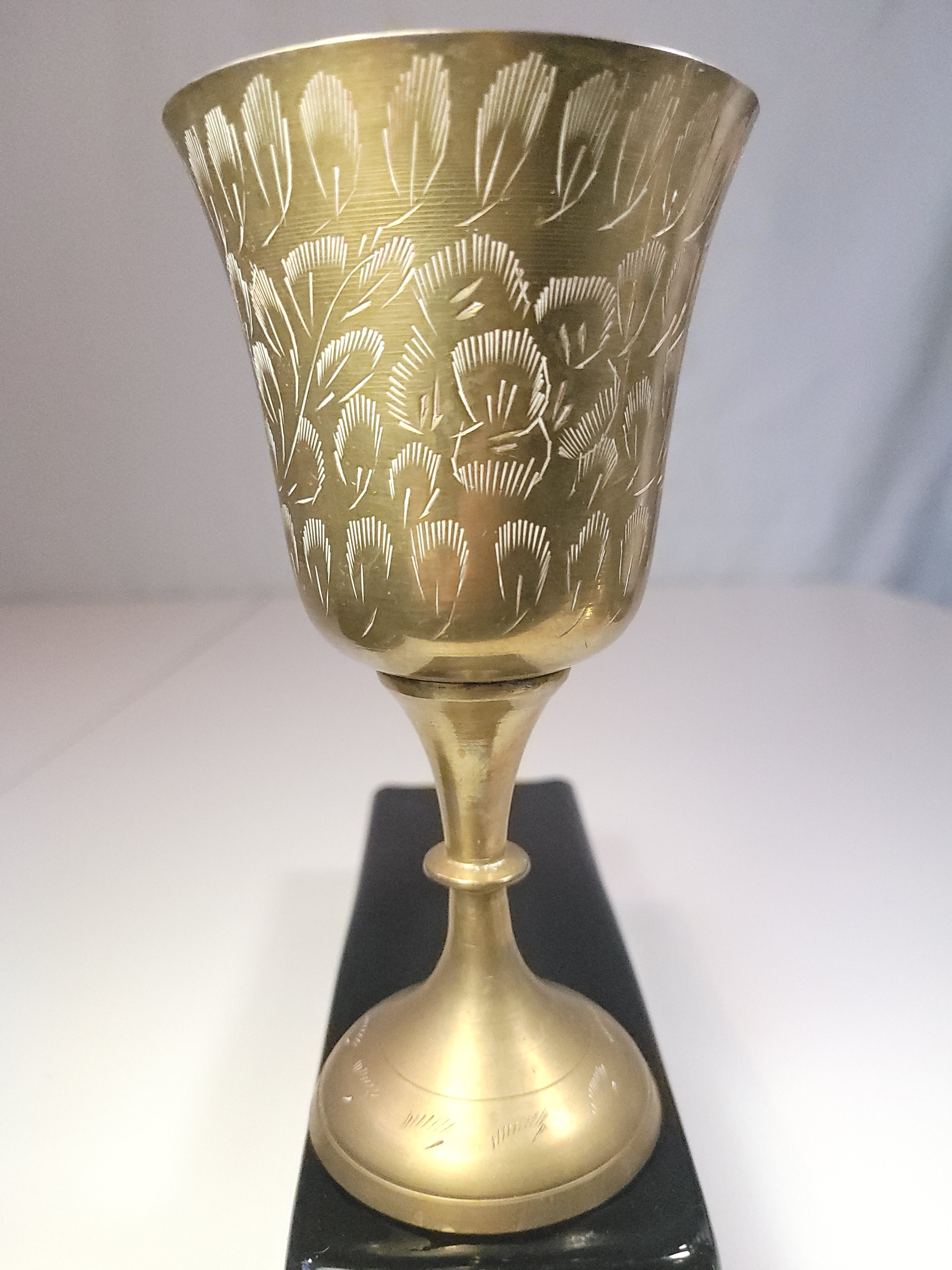 Vintage 1970s Etched Brass Goblet | Hand-Engraved Floral Indian