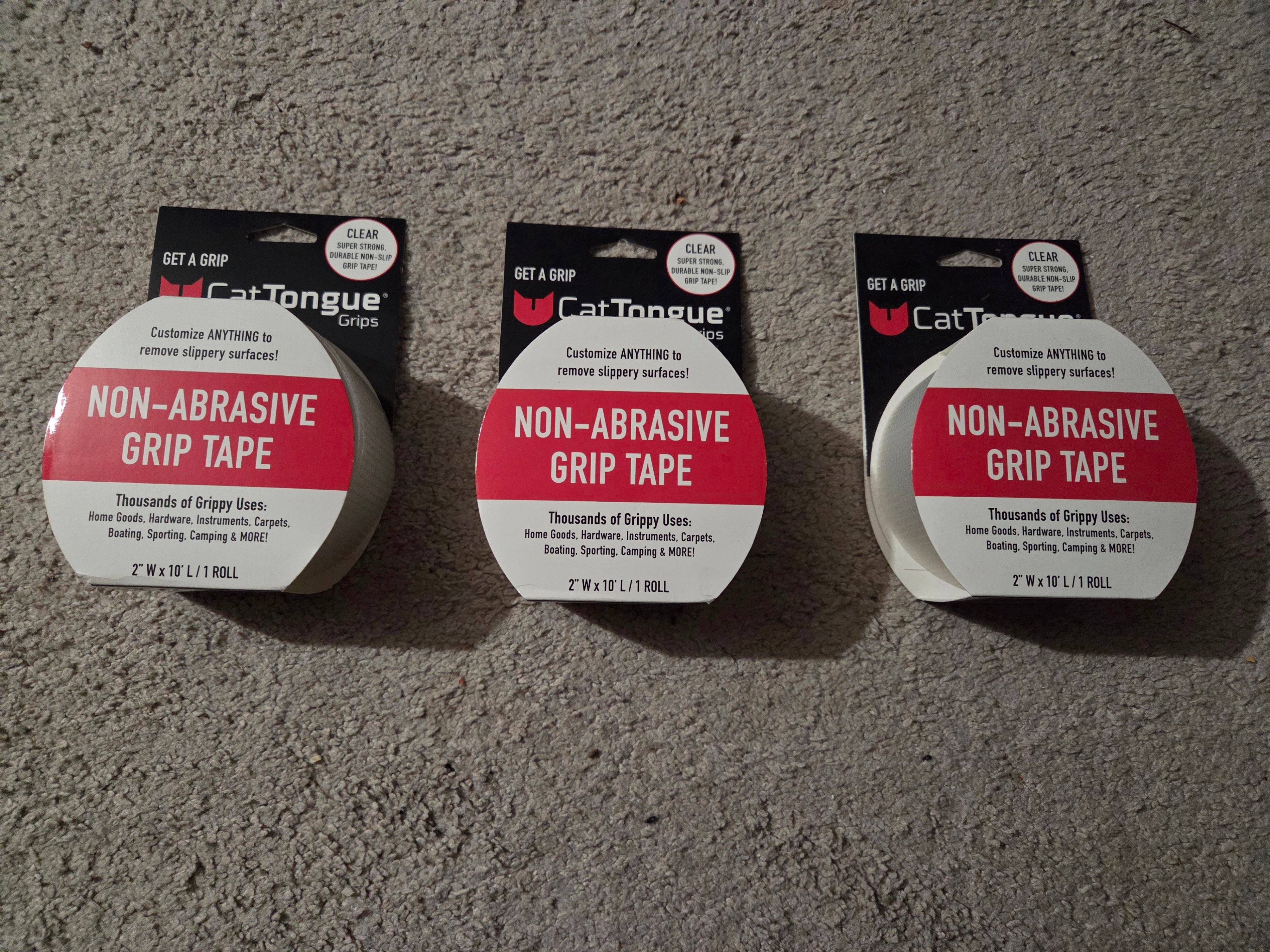 3 New Rolls CatTongue Non-Abrasive Clear Grip Tape, 10' Each