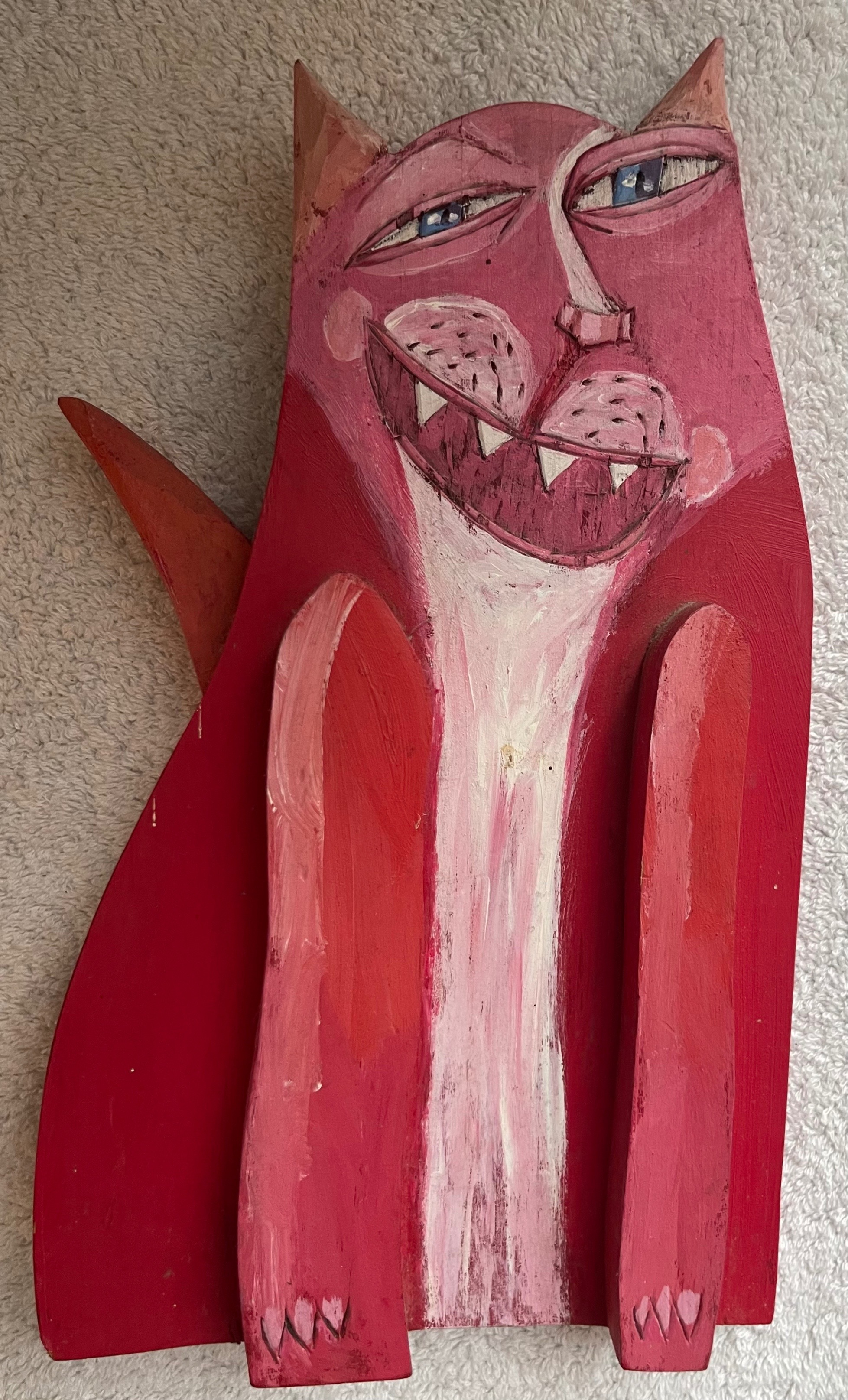 Signed Christina Luck (1989) Wood Cat Art Sculpture