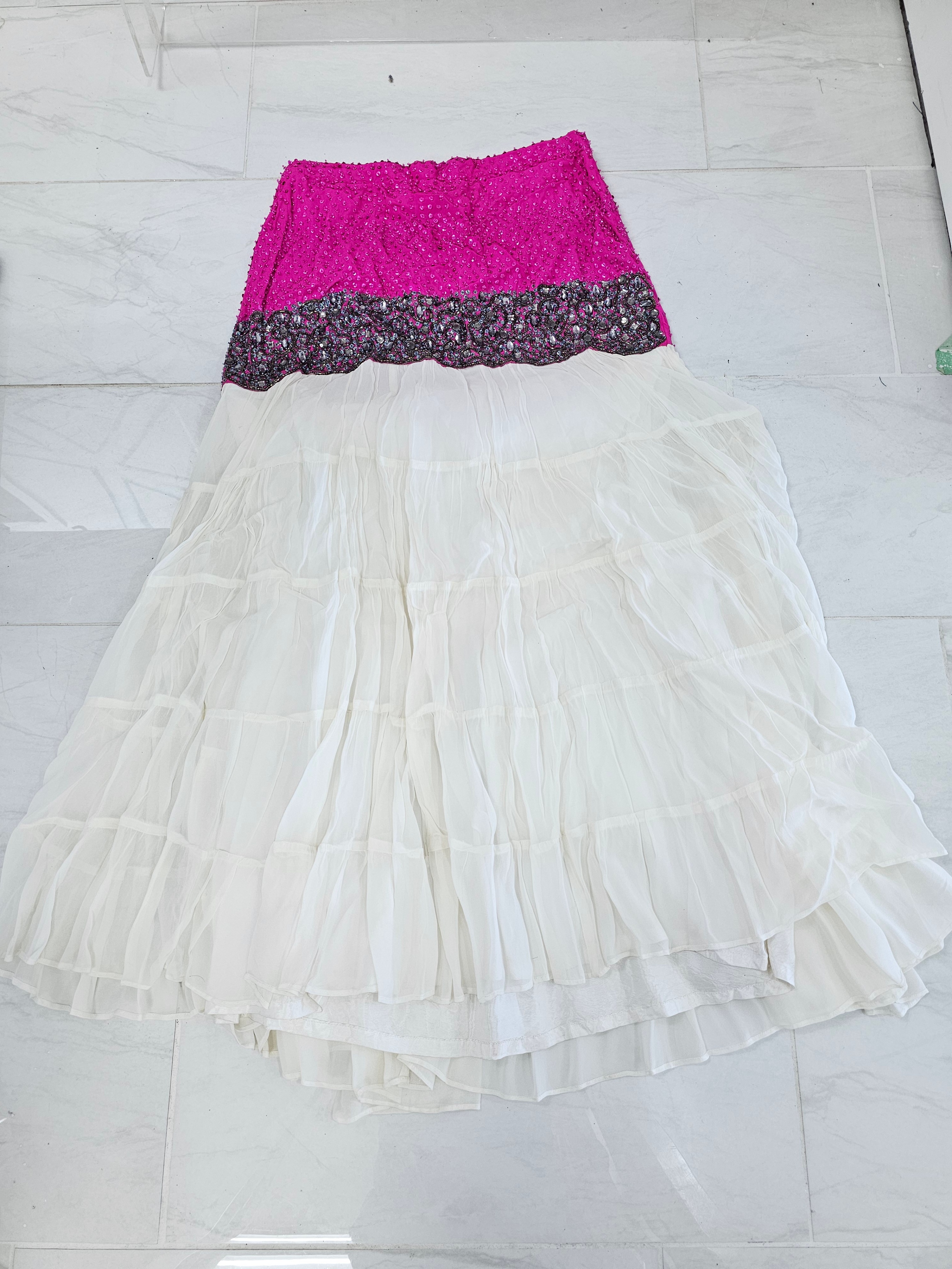 Pink Embellished Blouse and White Tiered Skirt Set