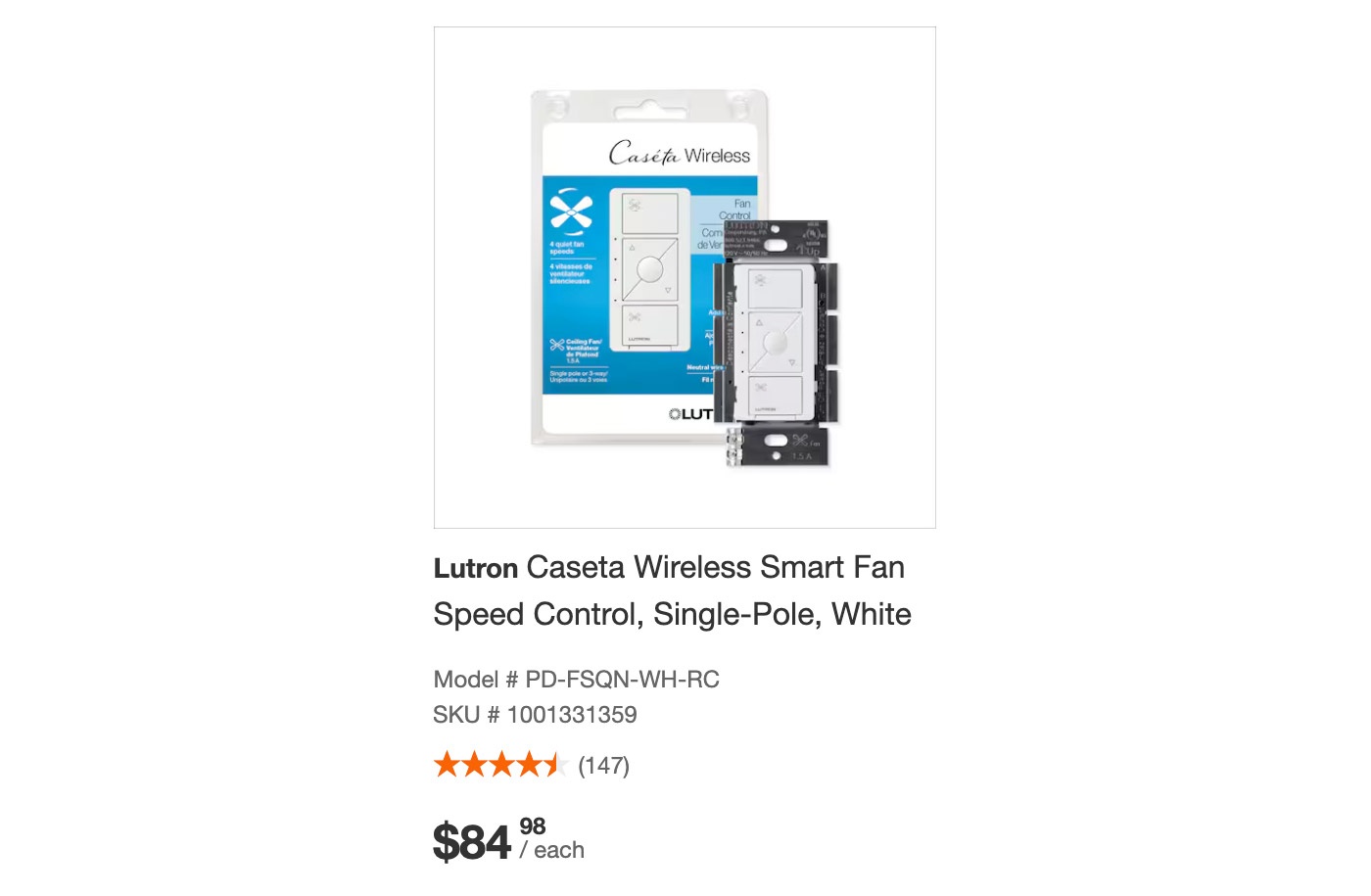 Lutron Caseta in-wall fan speed control, PD-FSQN-WH-RC - photo 3