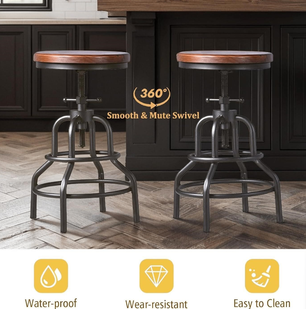 Industrial Swivel Bar Stool - Wood Seat - photo 2