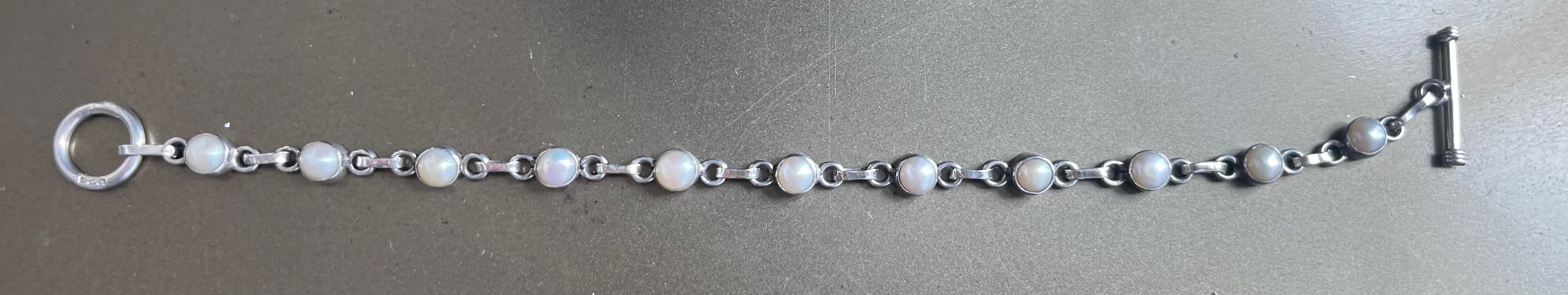 Vintage Sterling Silver & Natural Pearl Station Bracelet - 7" - photo 2