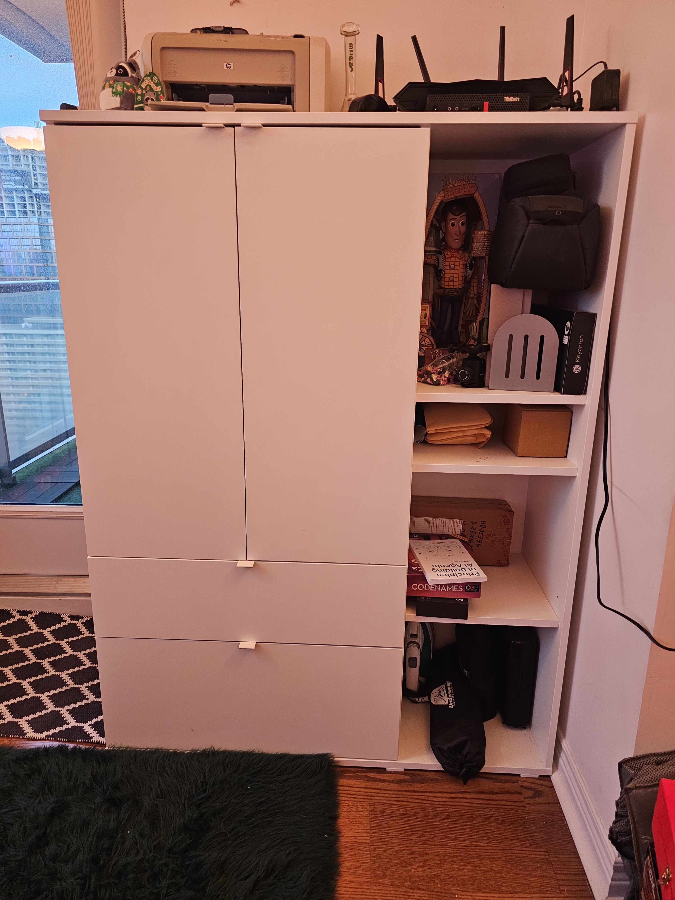 White Storage Cabinet with Shelves and Drawers