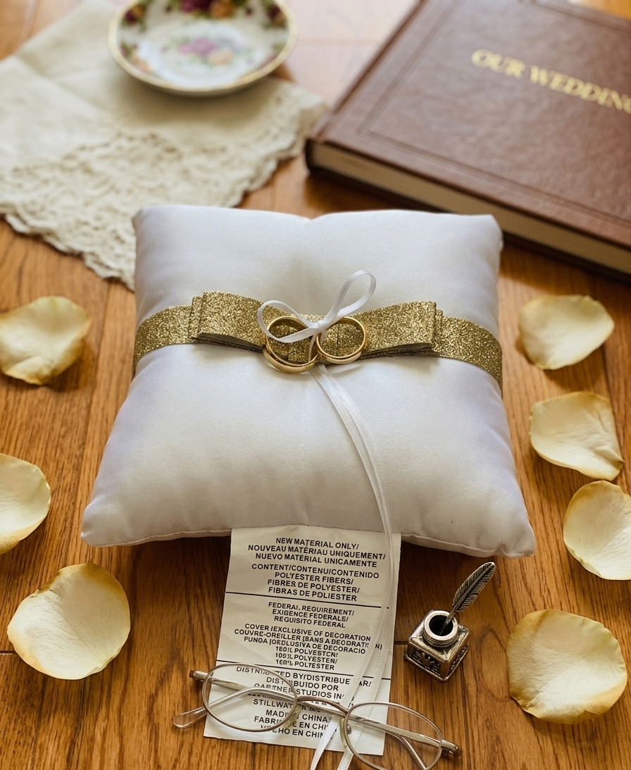 White Ring Bearer Pillow with Gold Glitter Band