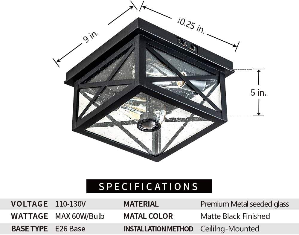 Black Outdoor Flush Mount Ceiling Light with Seeded Glass - photo 3