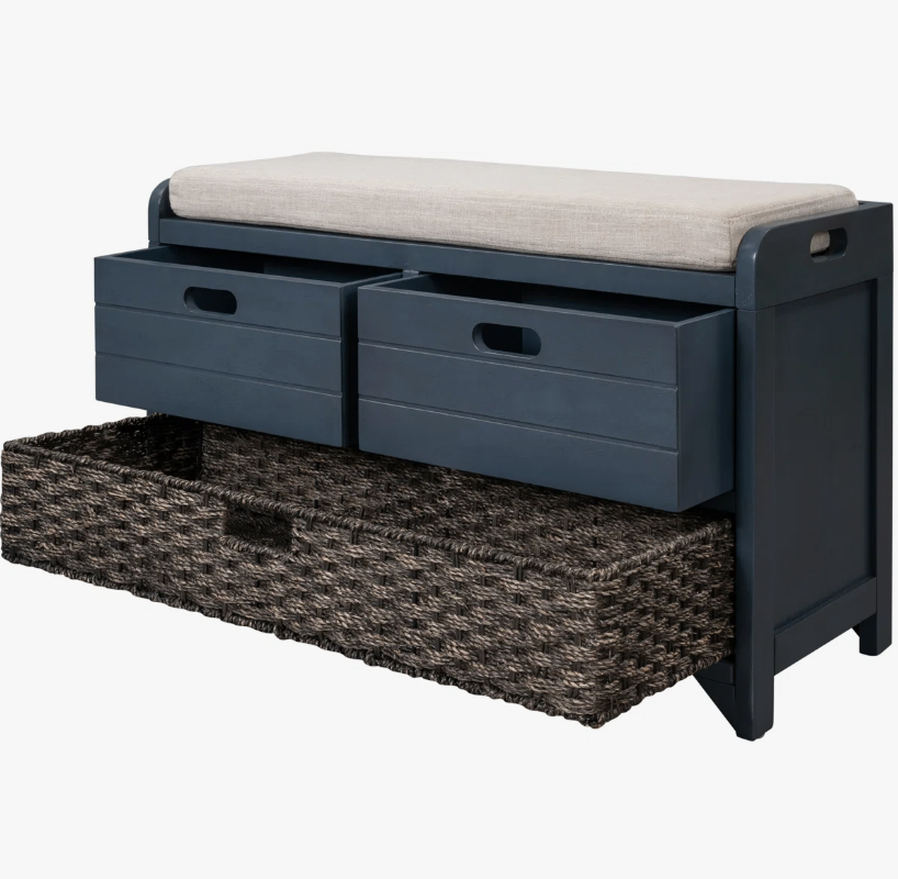 Blue Entryway Storage Bench with Cushion and Basket - New in box - photo 2