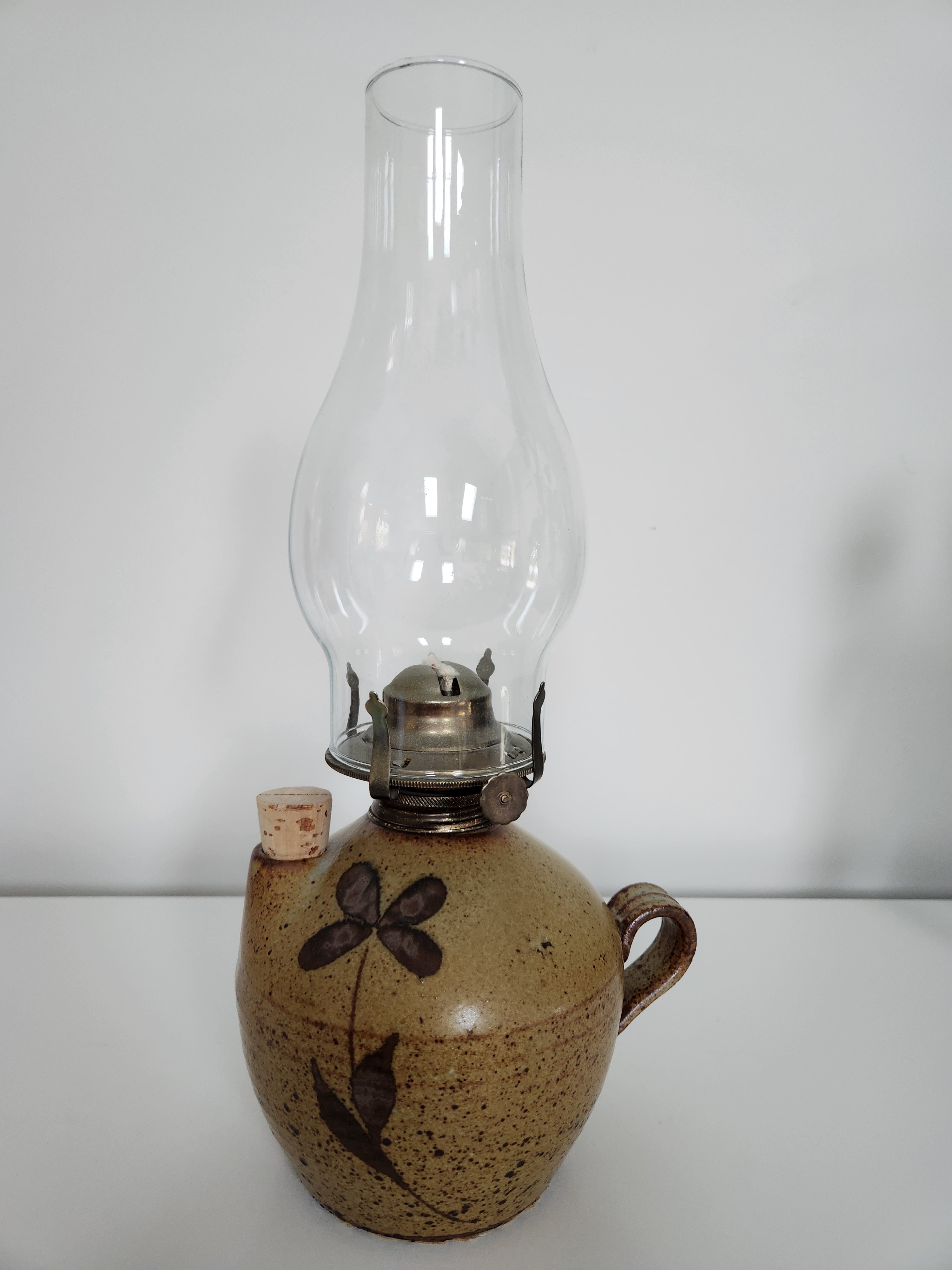 Vintage Pottery Oil Lamp w. Glass Chimney – Handcrafted
