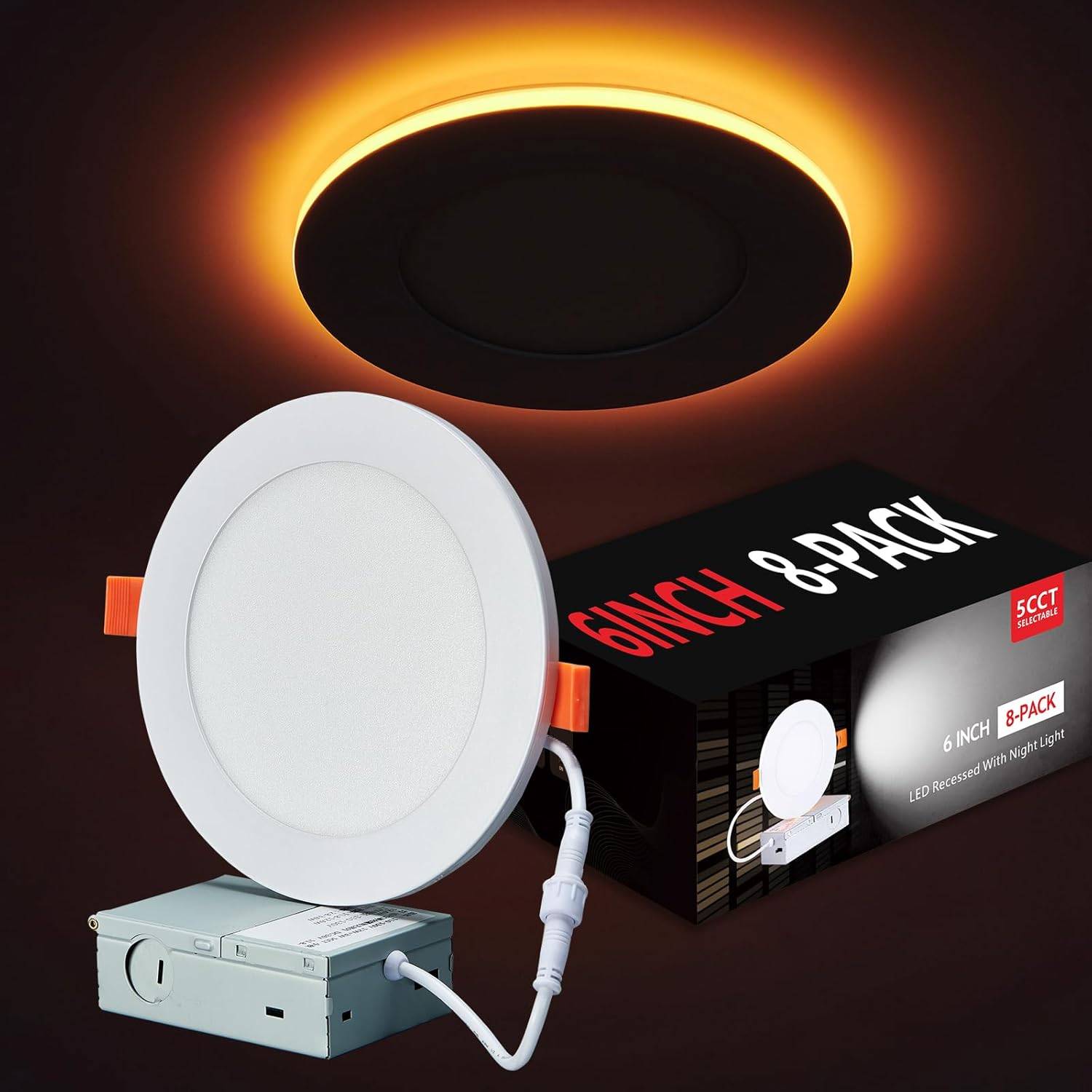 6 Inch LED Recessed Lights with Night Light Mode - 8 Pack