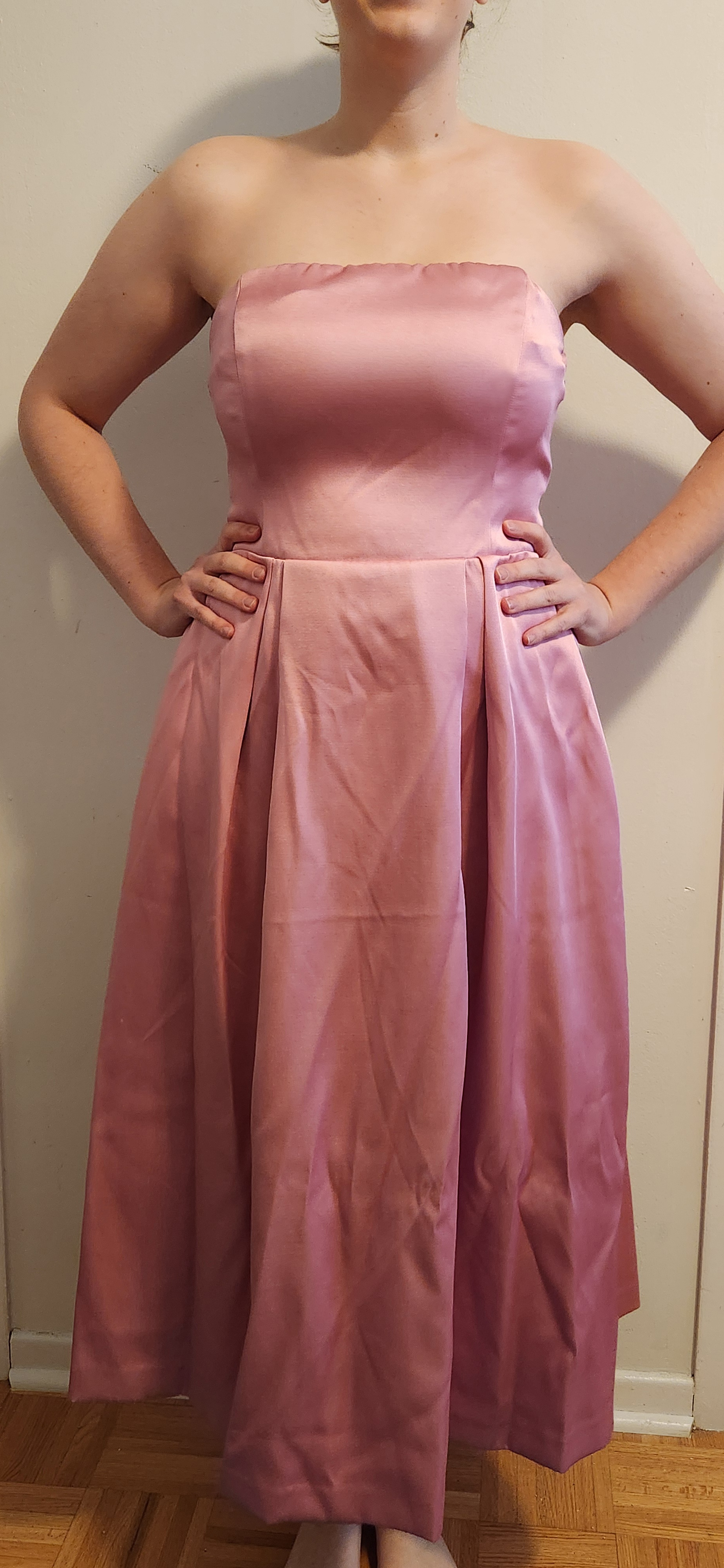 H&M Strapless Satin Tea Length Dress with Pleats
