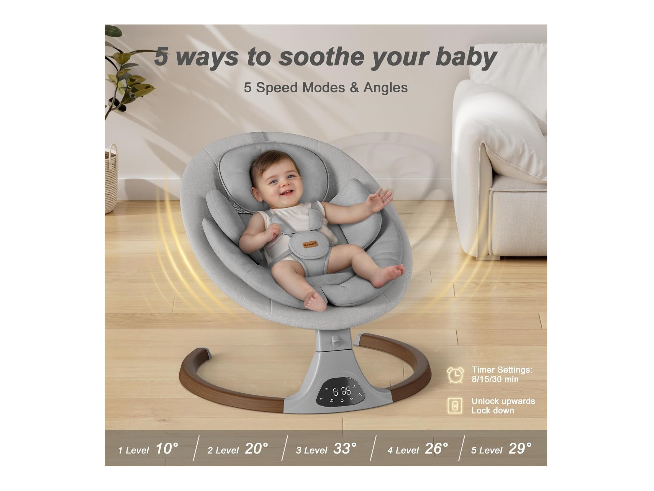New Monamii Electric Baby Swing, Bluetooth, 5 Speeds with Remote - photo 4
