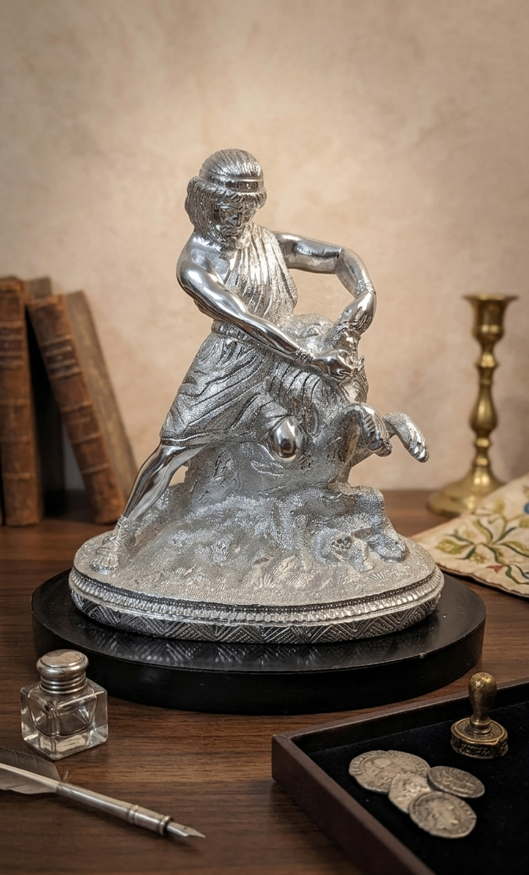 Silver-tone Statue of a Wrestler and Bull