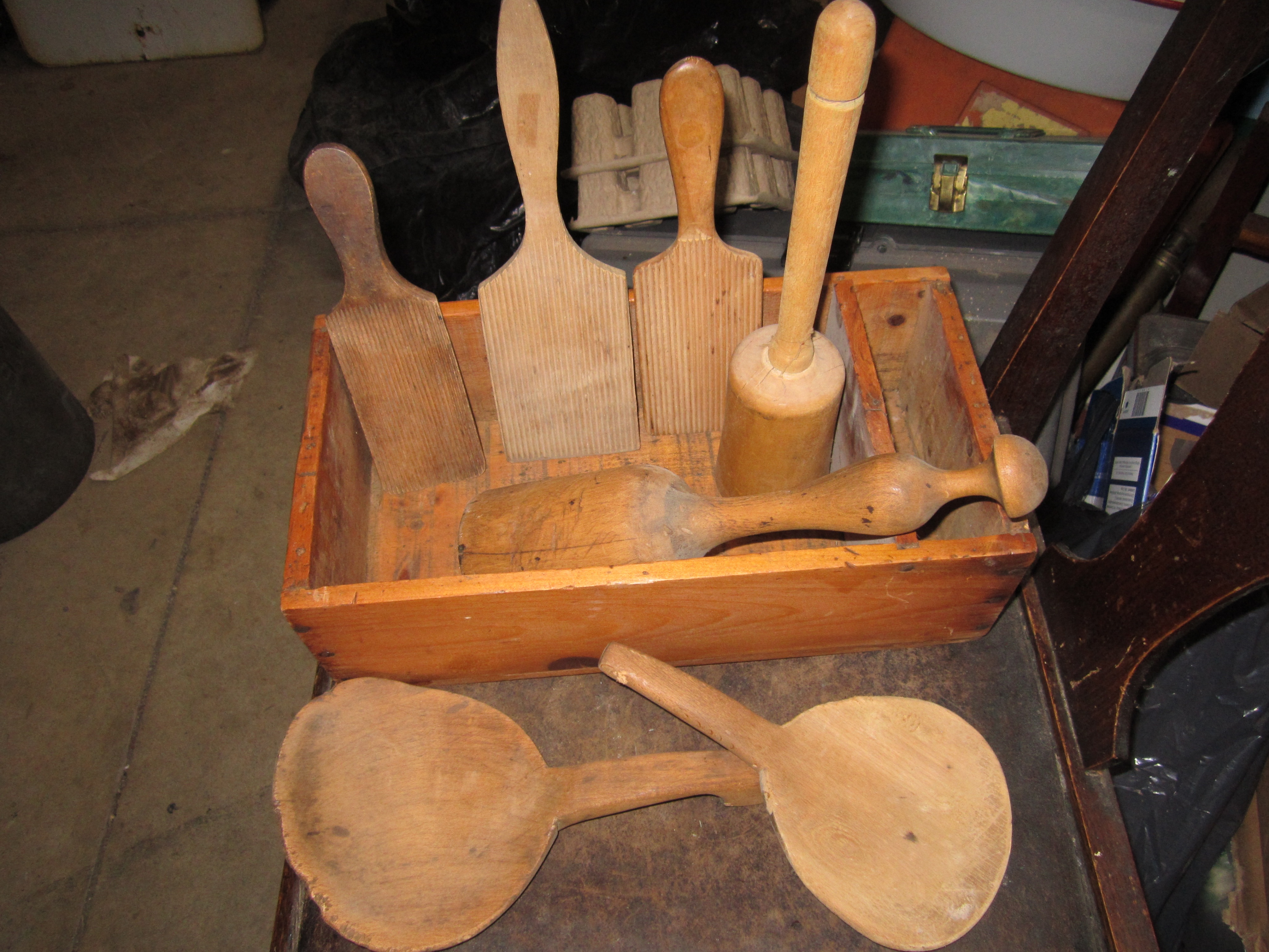 Group of Antique Wooden Utensils with Box