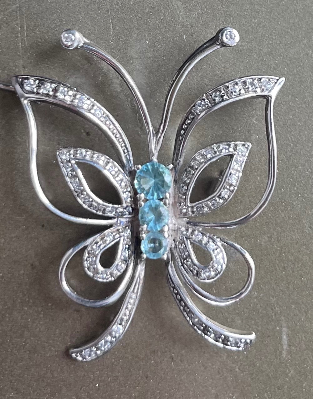 Sterling Silver & Blue Topaz & CZ Butterfly Brooch - 11g