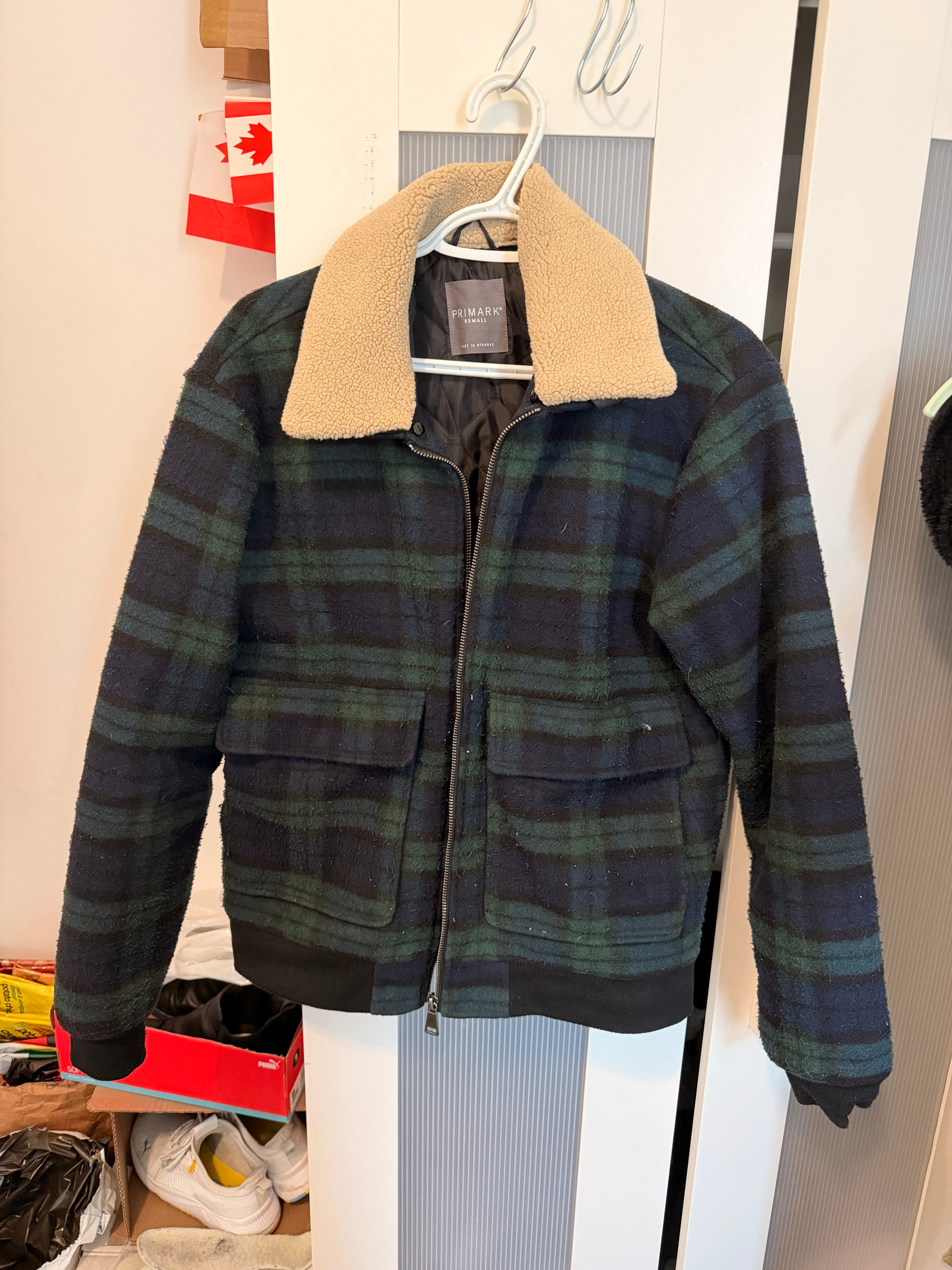 Primark Men’s Black Watch Plaid Bomber Jacket with Borg Collar