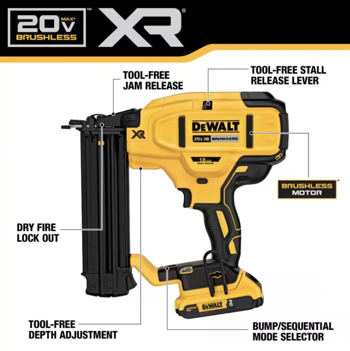 DEWALT 20V MAX XR Brushless 18 GA Brad Nailer Kit DCN680D1