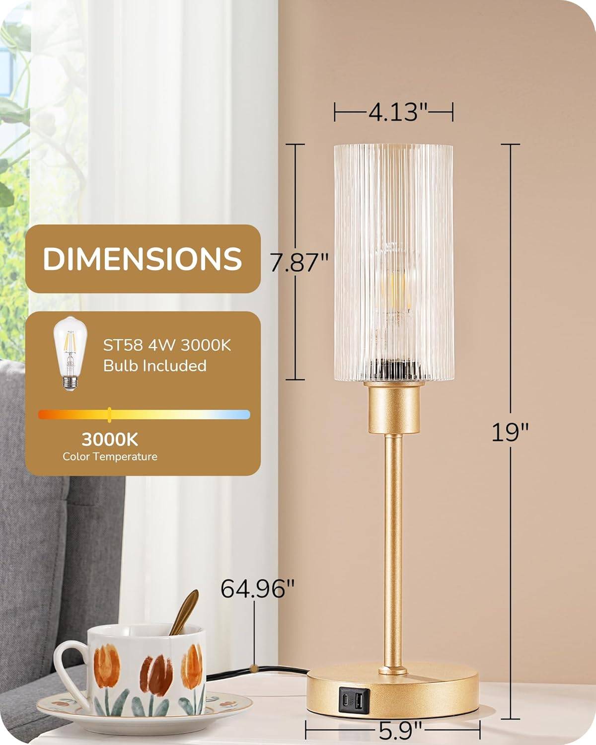 Gold Desk Lamp with USB Ports and 3-Way Dimmable - photo 2