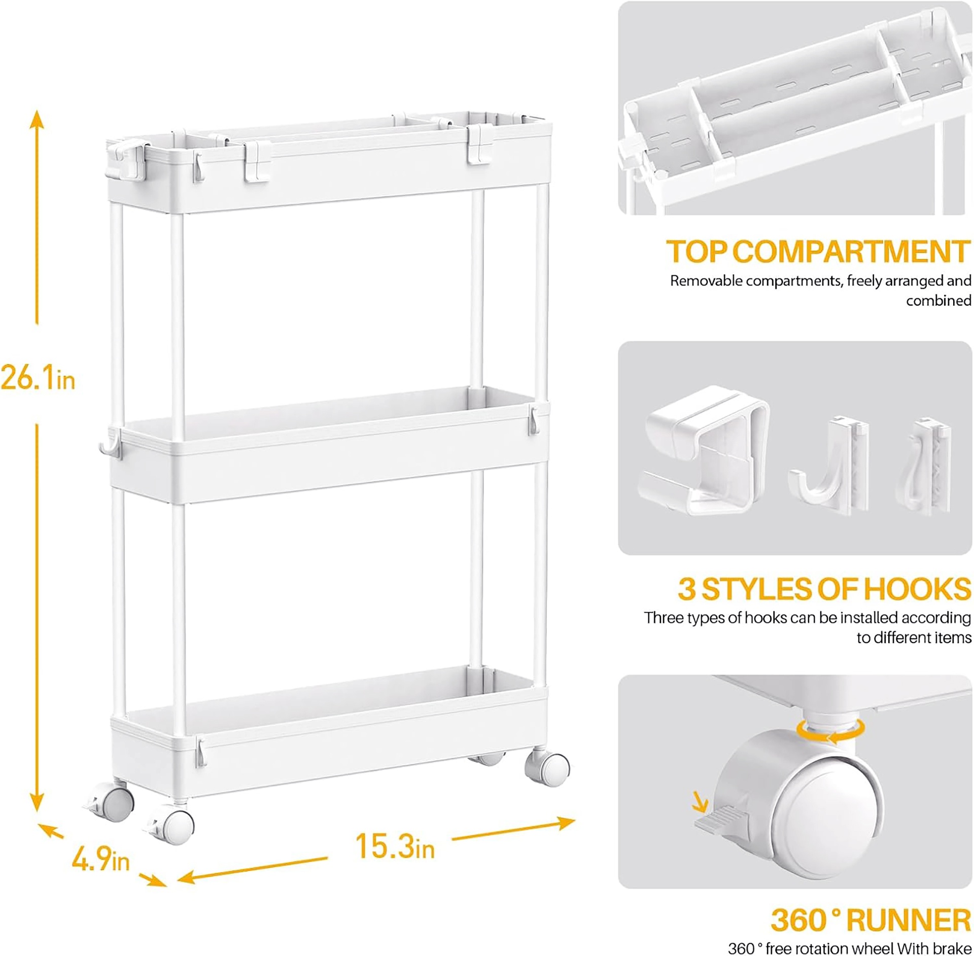 3-Tier Bathroom Rolling Utility Cart - Slim & Space Saving! - photo 2