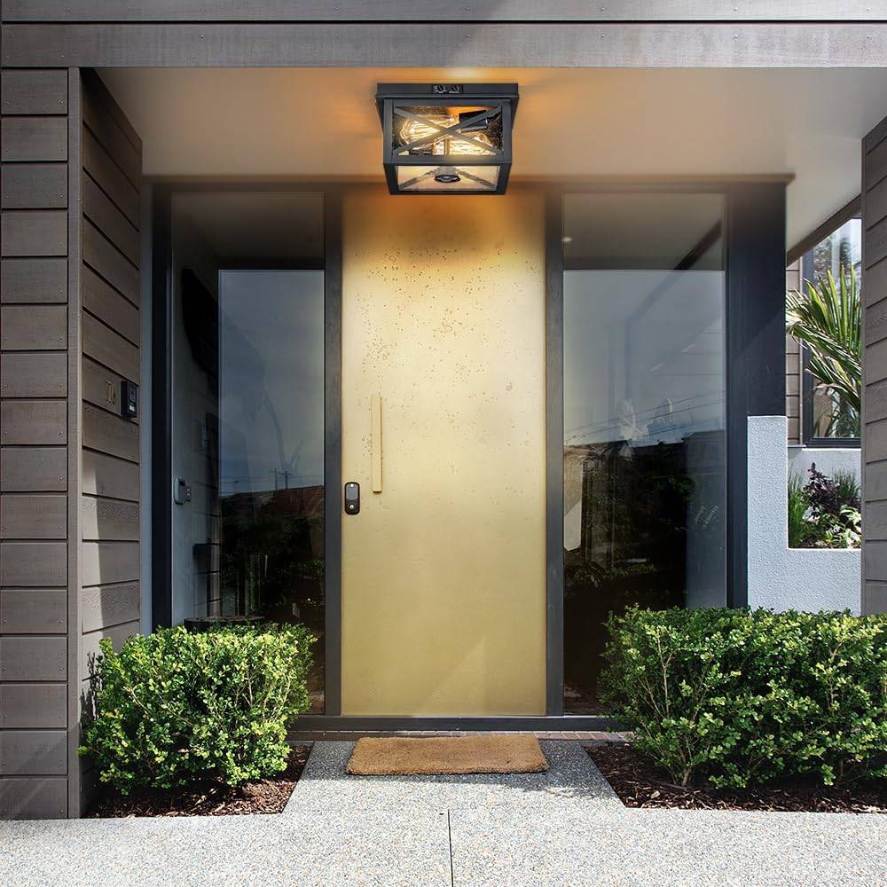 Black Outdoor Flush Mount Ceiling Light with Seeded Glass - photo 2