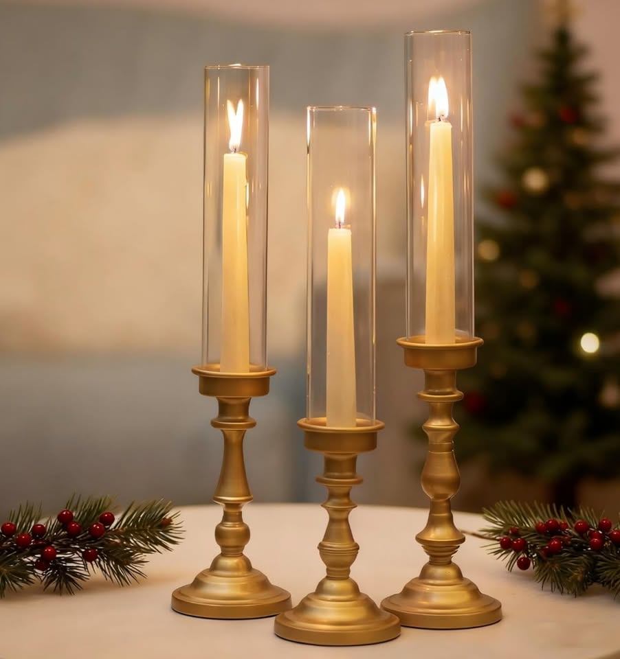 Gold Hurricane Taper Candle Holders with Glass Shade - Set of 3