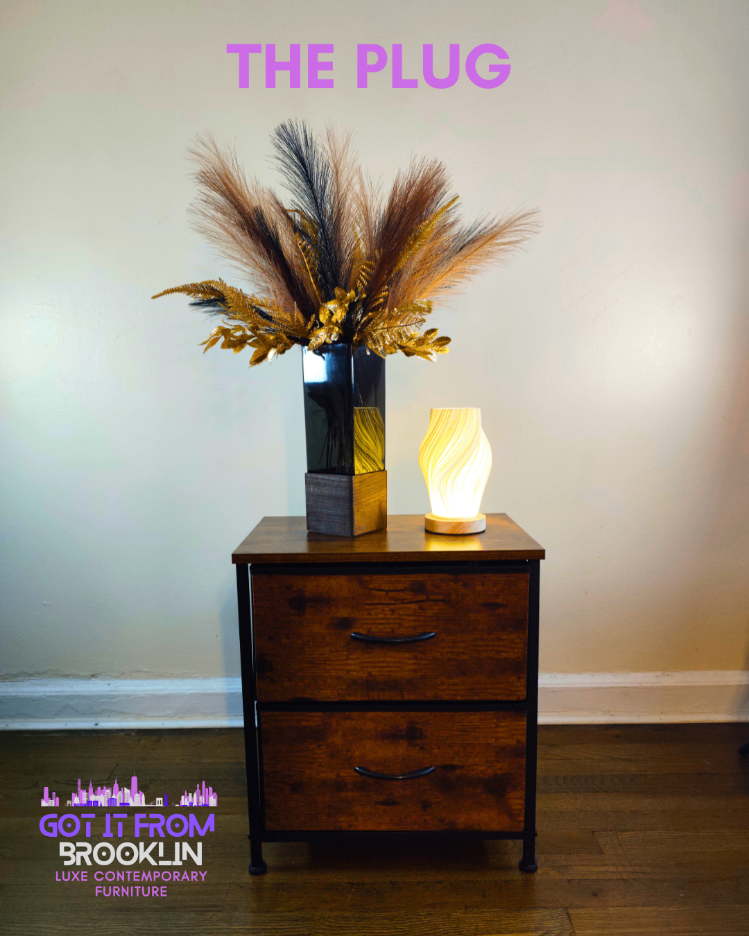 NEW Modern 3pc Set: Fabric Nightstand + Lamp + Vase Pampas Decor