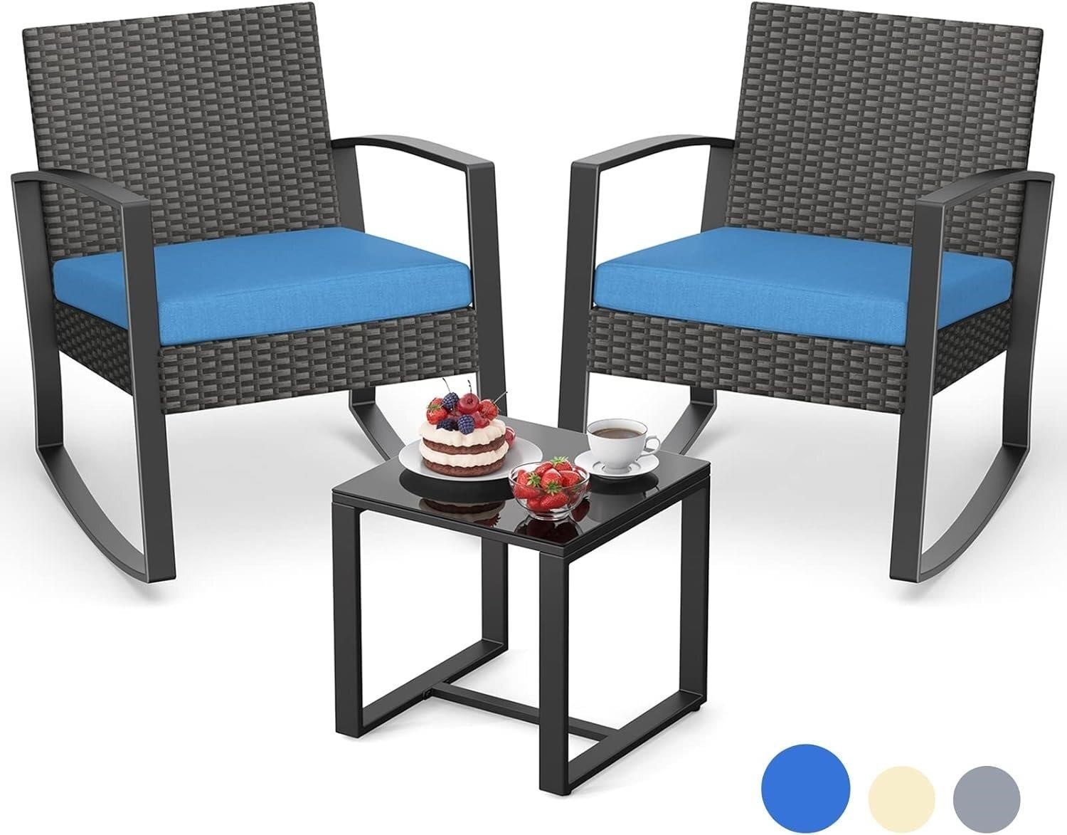 3 Pieces Patio Furniture Set Rattan Rocking Bistro Set Outdoor