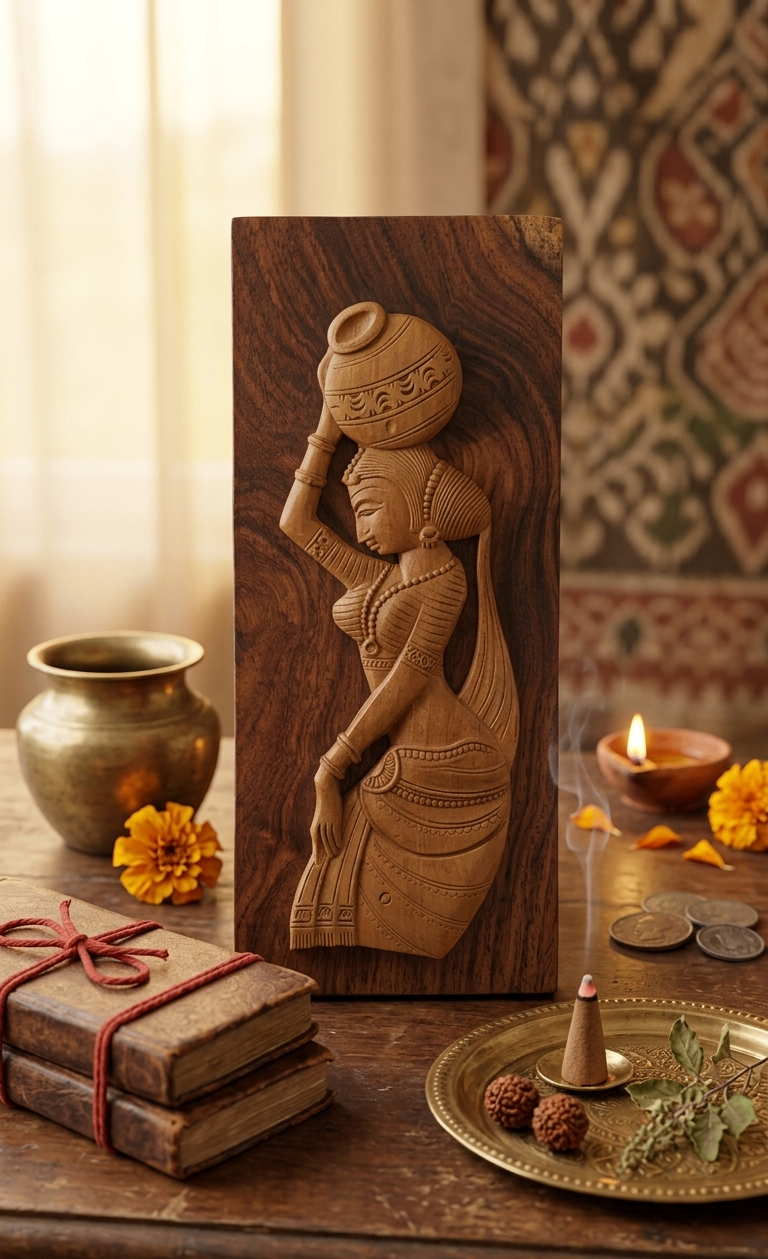 Hand-carved wooden wall art of a woman carrying a pot