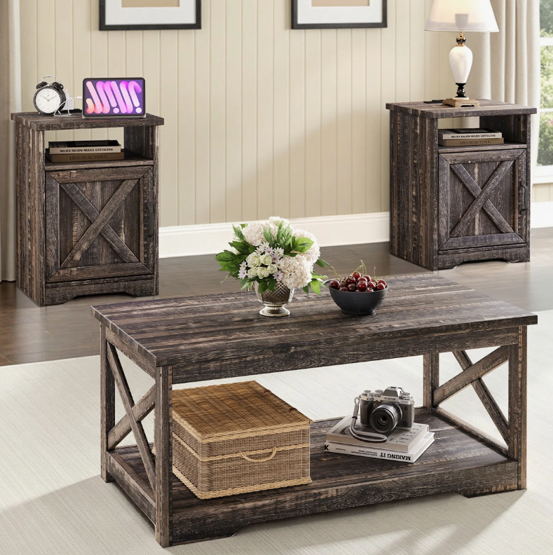 3 - Piece Farmhouse Living Room Table Set,Dark Oak - New in box - photo 2