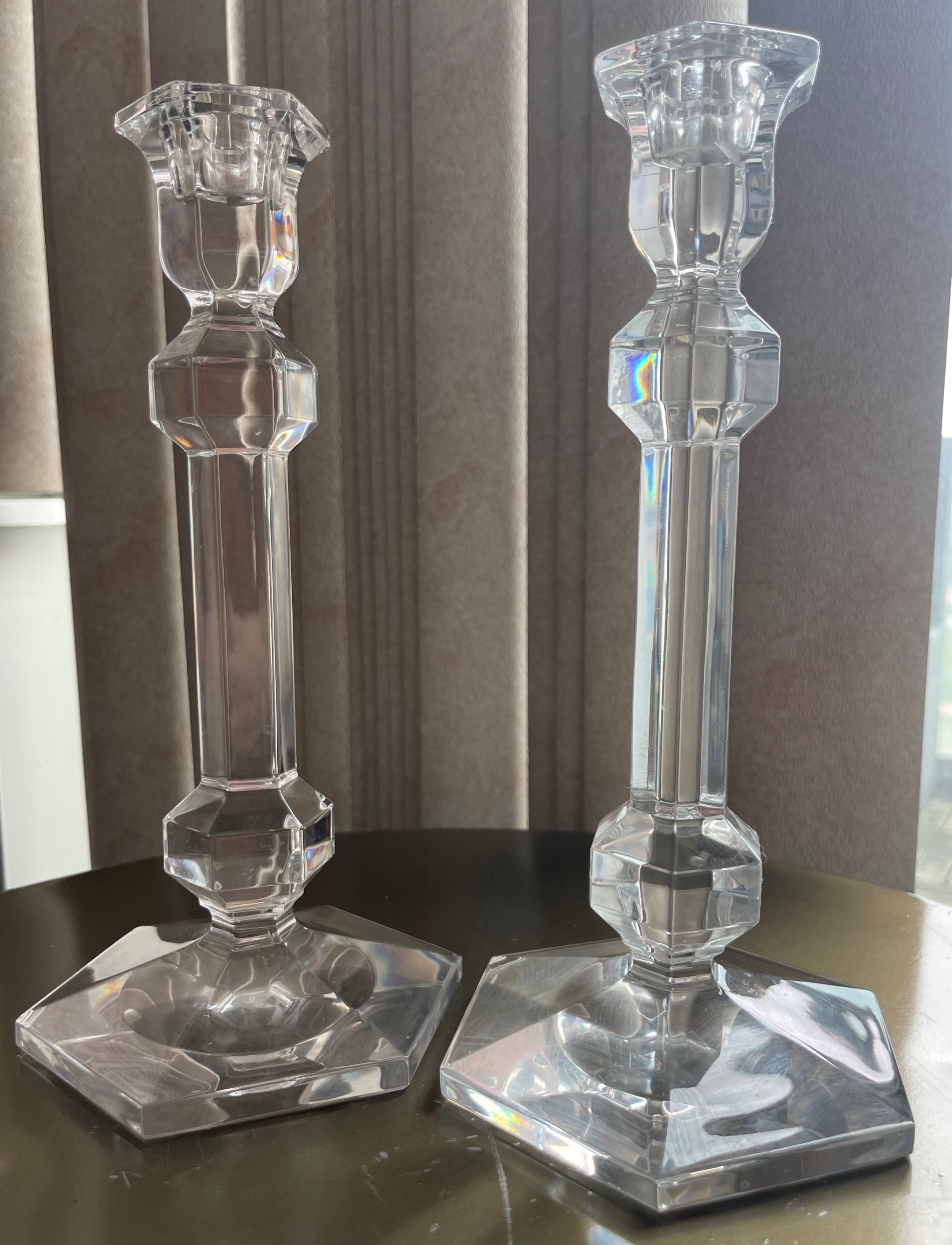 Large 9.5" Val St. Lambert Belgian Crystal Candlesticks (Signed)