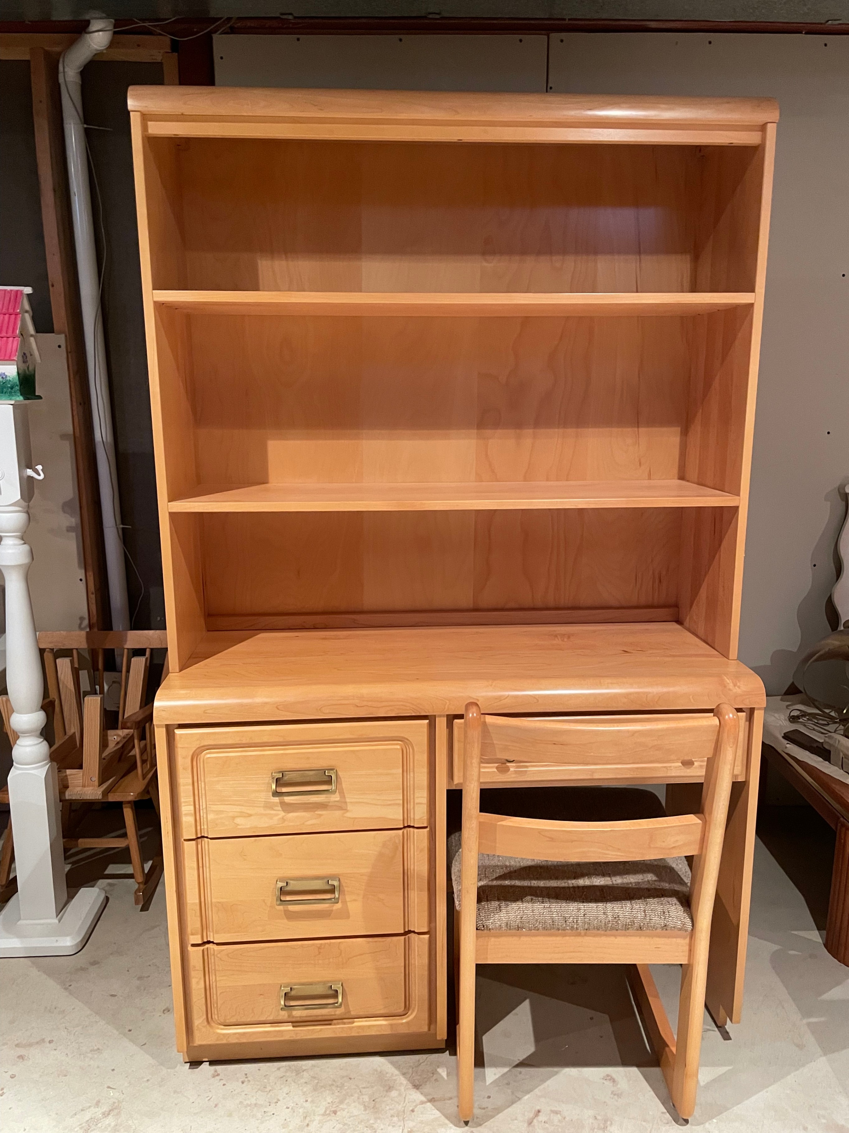 Solid wood desk, bookcase, and chair